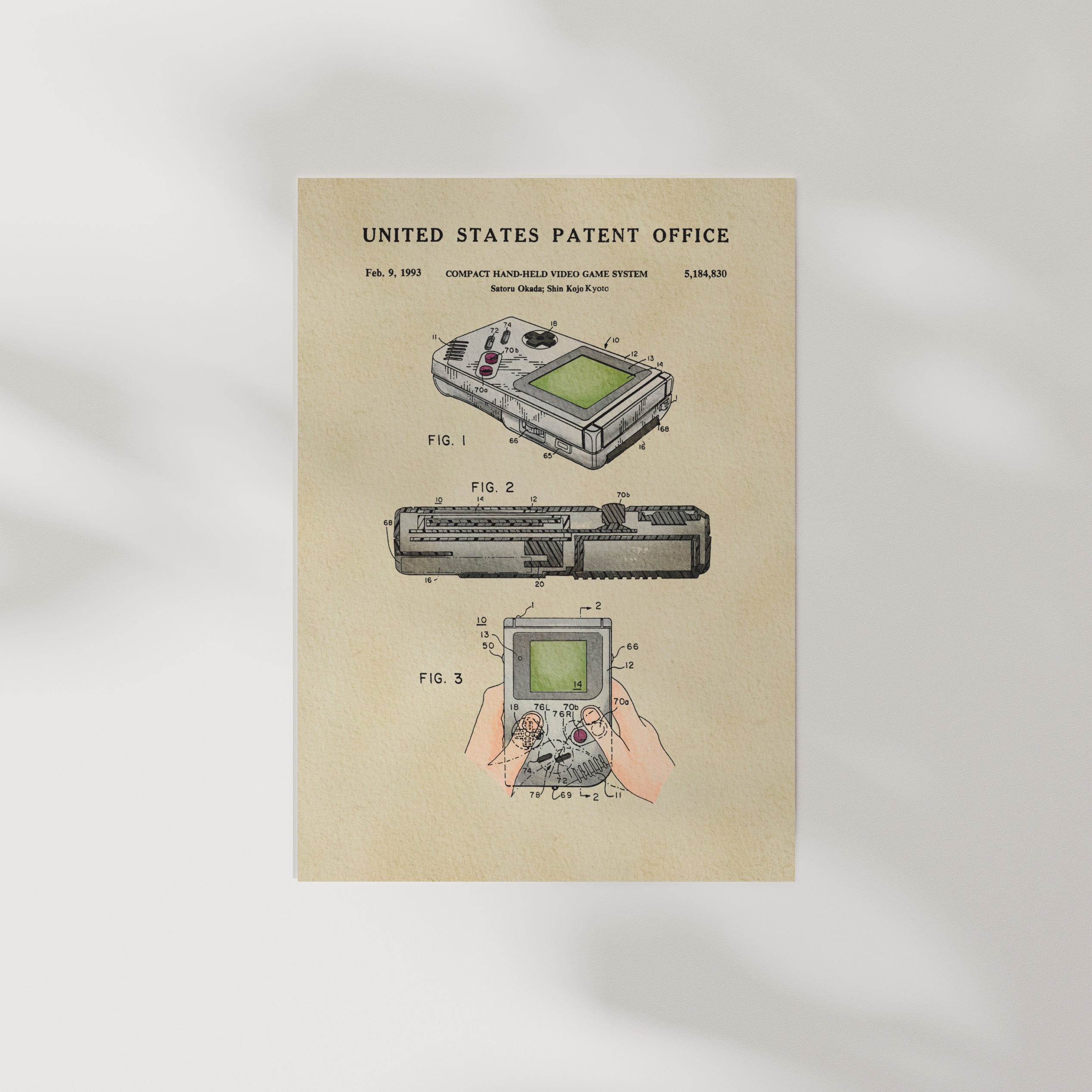 The image is a vintage United States patent office patent for a handheld video game system, specifically the Gameboy Advance, which was released in Japan in 1994.