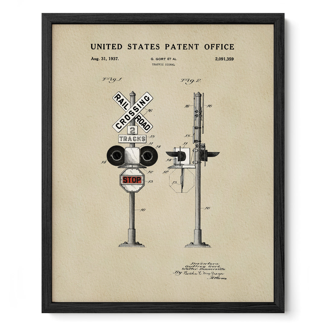 The image is a framed patent drawing depicting a railroad crossing sign and a stop sign.