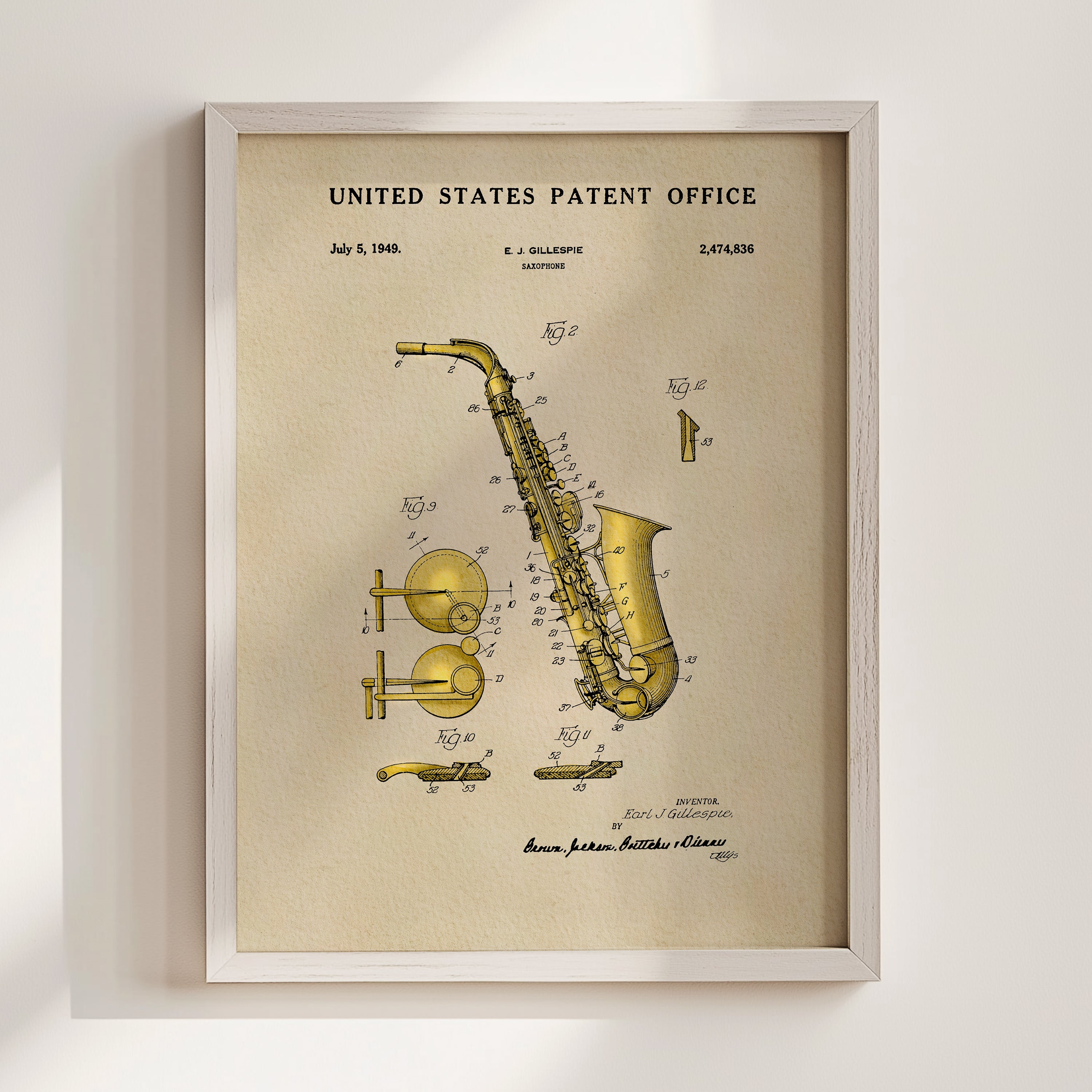The image is a framed patent drawing of a saxophone, depicting its various components and design.
