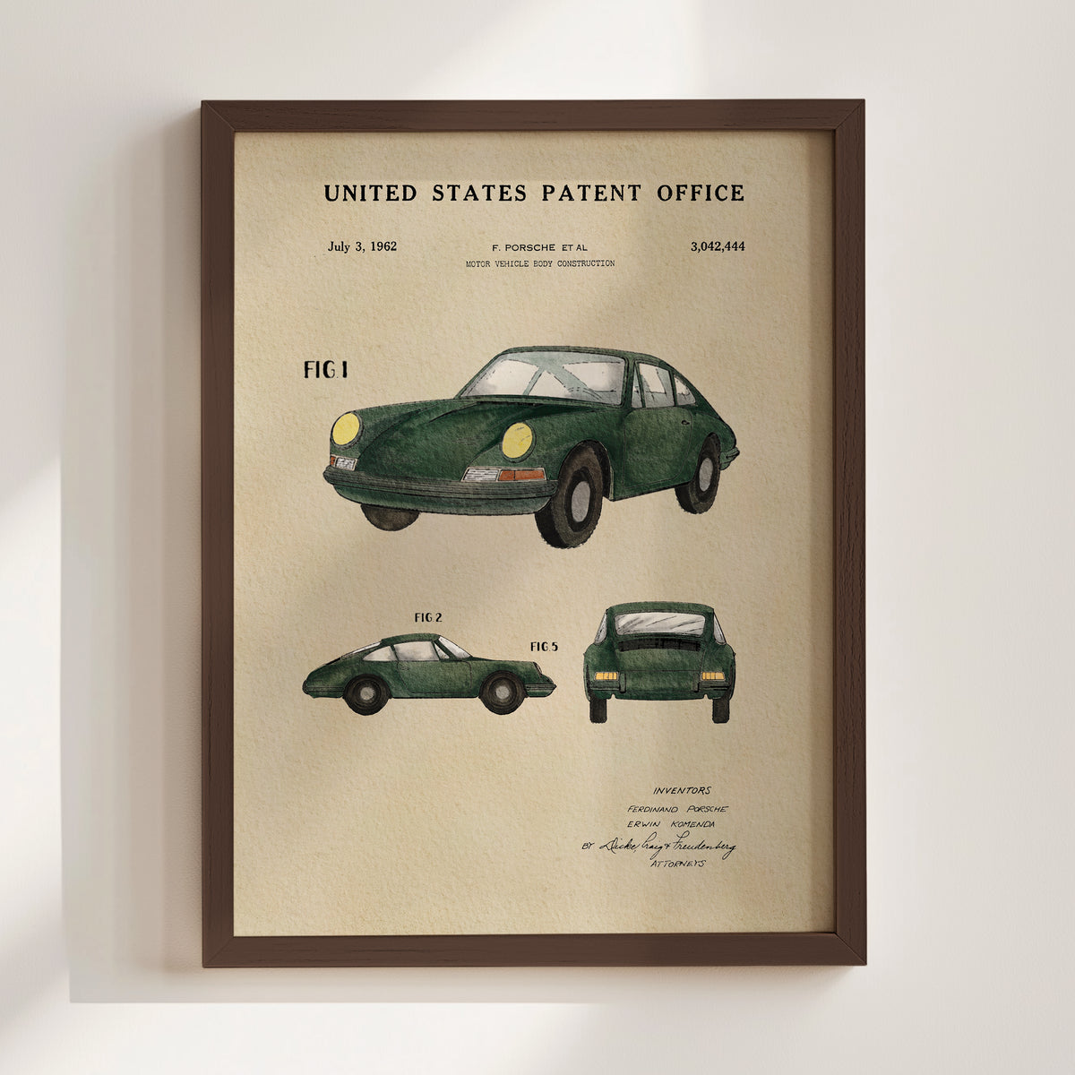 The image is a framed print of a United States patent office patent related to a Porsche car.