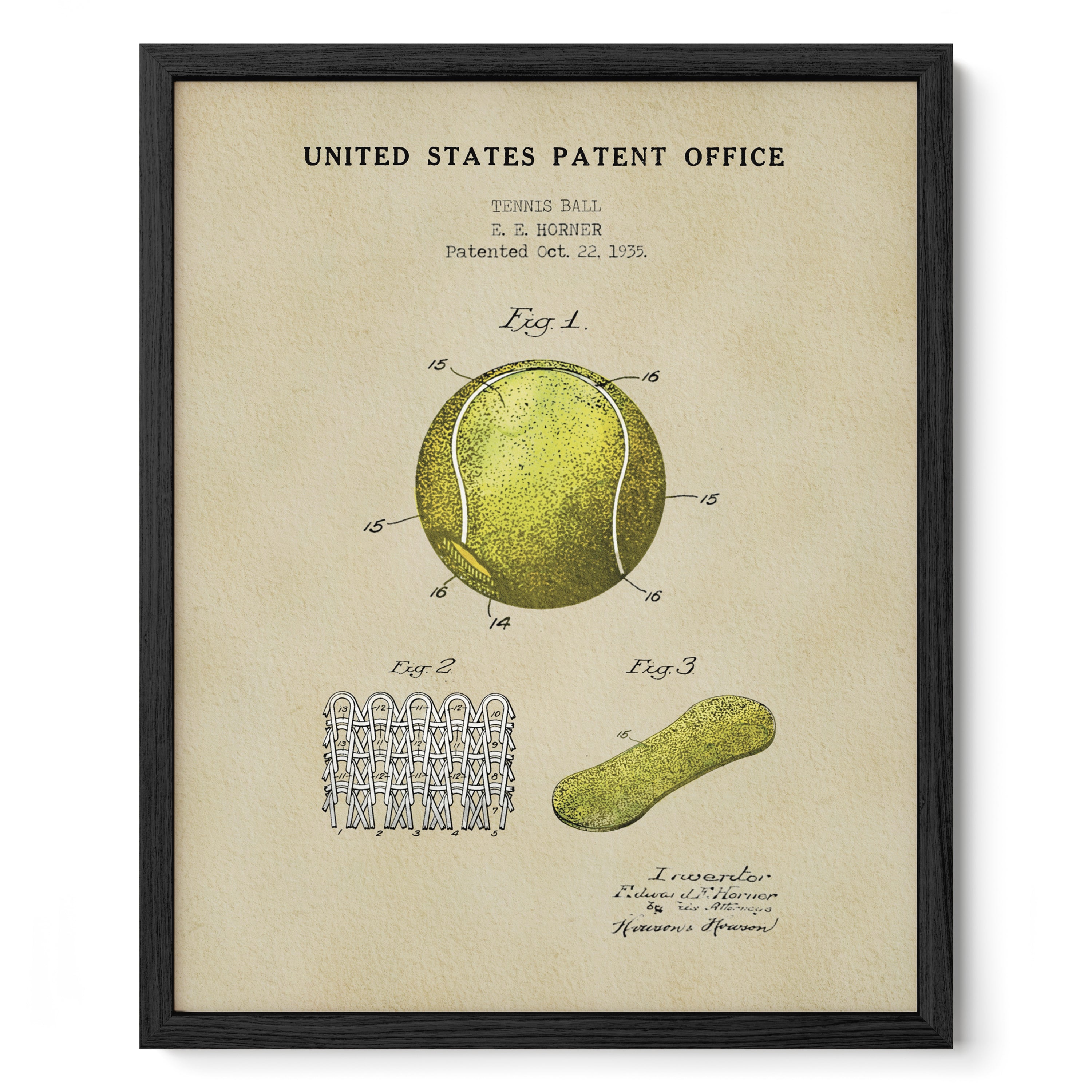 The image is a framed patent drawing depicting a tennis ball and a tennis racket, along with a diagram of a tennis court.