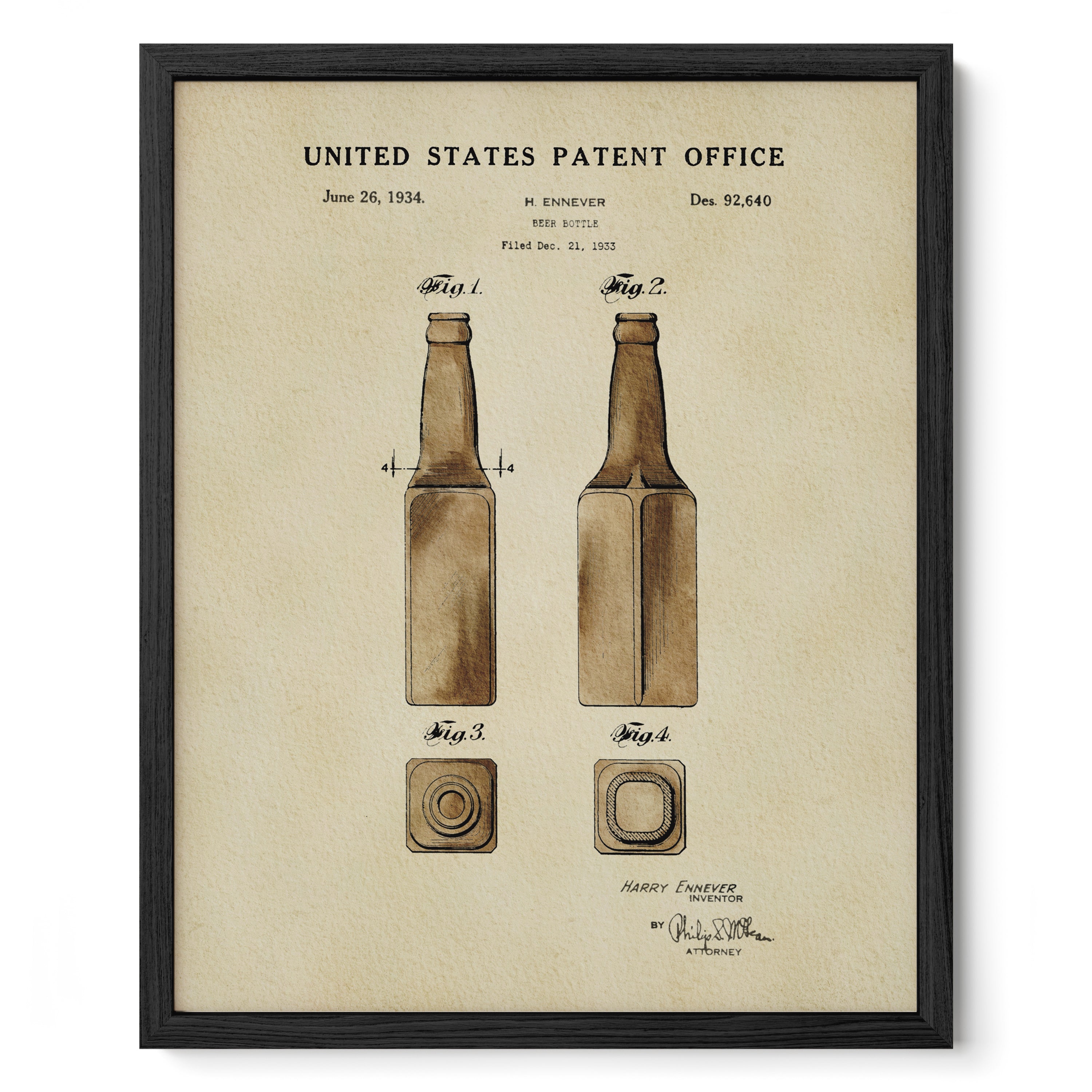 The image is a framed patent drawing depicting two beer bottles with step-by-step instructions for their assembly.