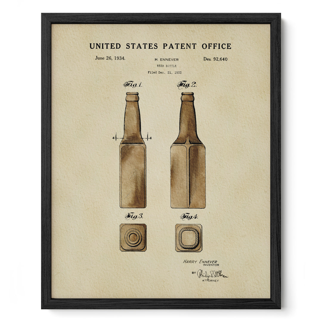 The image is a framed patent drawing depicting two beer bottles with step-by-step instructions for their assembly.