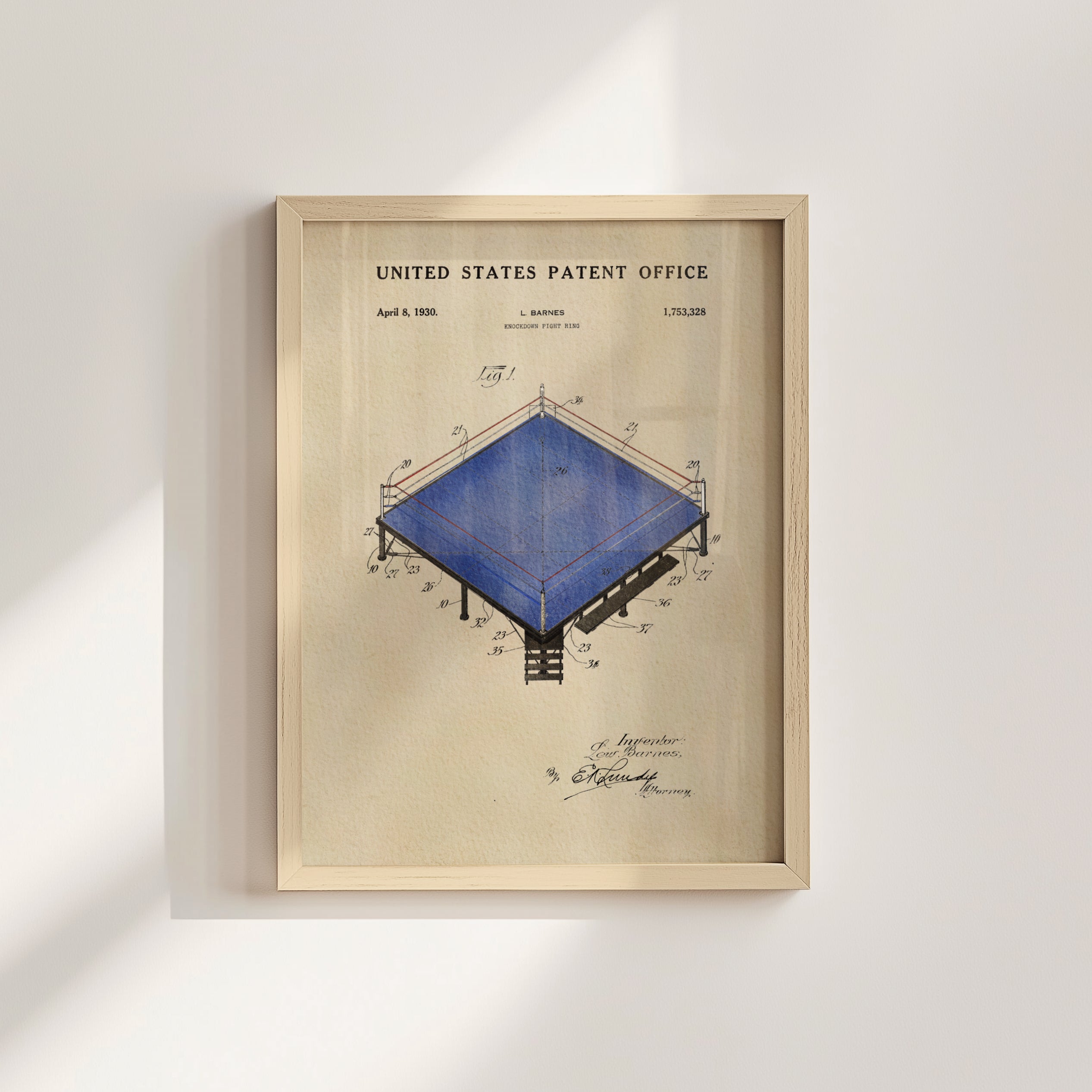 The image is a framed patent drawing depicting a blue structure with a triangular roof, possibly a tent or shelter, and a ladder.