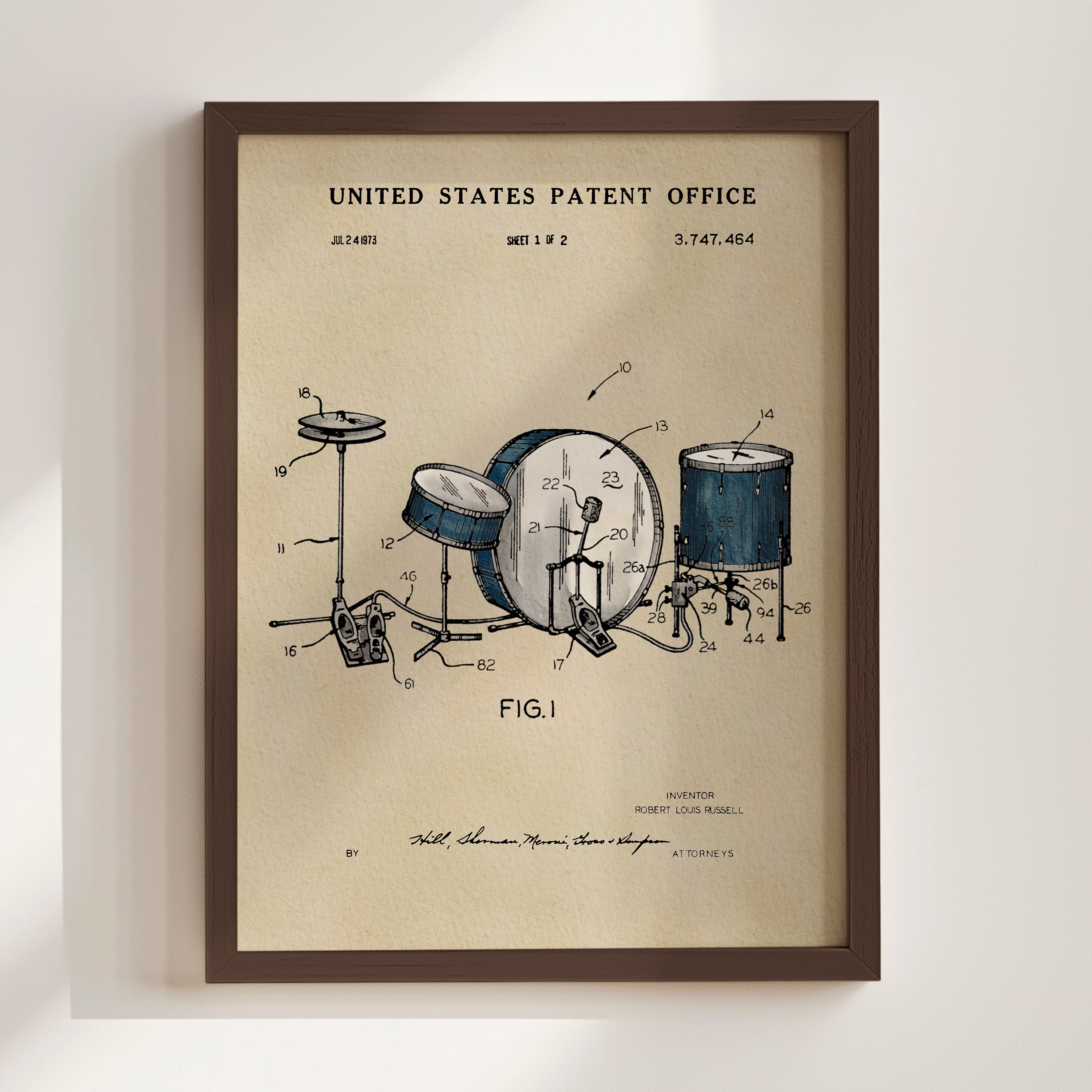 The image is a framed patent drawing depicting a drum set, with various technical drawings and labels.