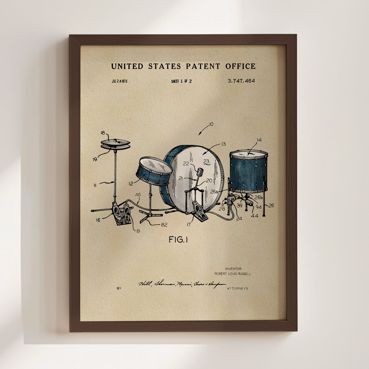 The image is a framed patent drawing depicting a drum set, with various technical drawings and labels.