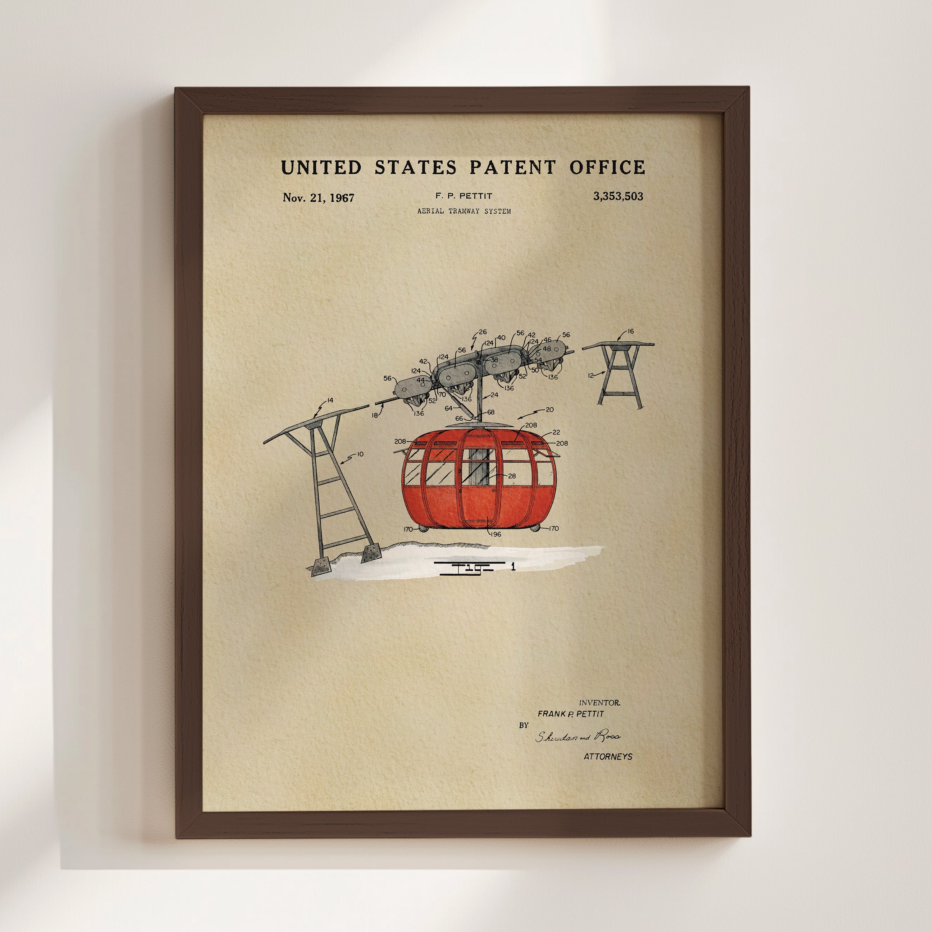 The image is a framed print of a United States patent from November 21, 1967, depicting a cable car system.