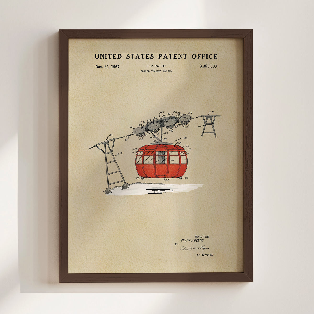 The image is a framed print of a United States patent from November 21, 1967, depicting a cable car system.