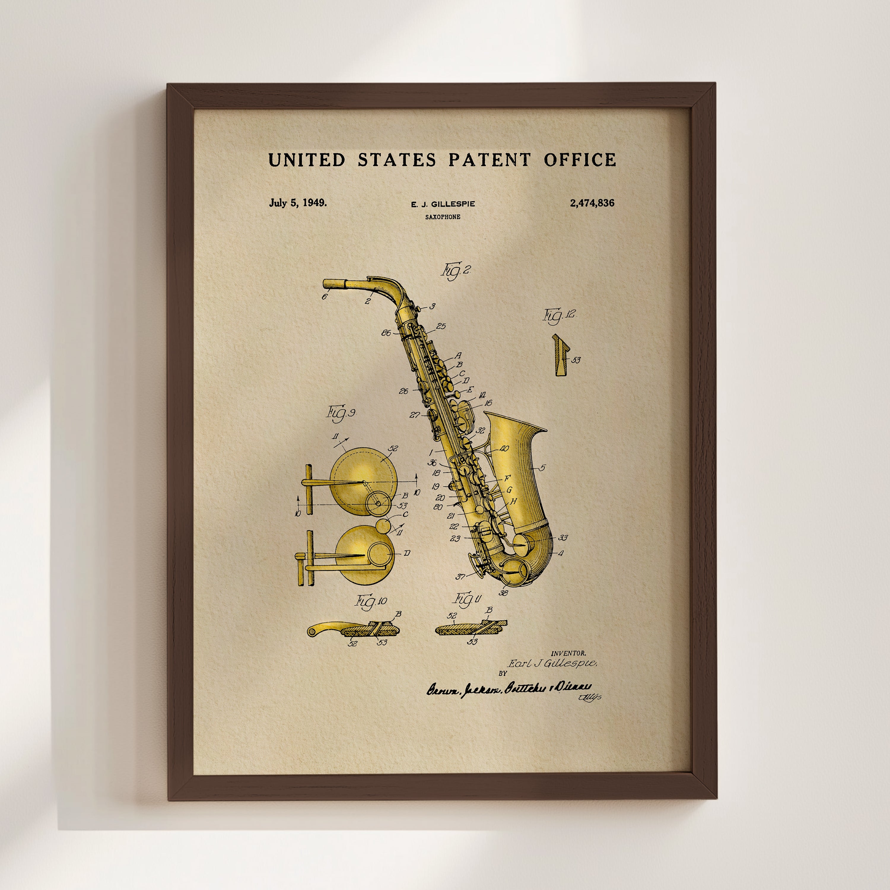 The image is a framed patent drawing of a saxophone, depicting its design and features.