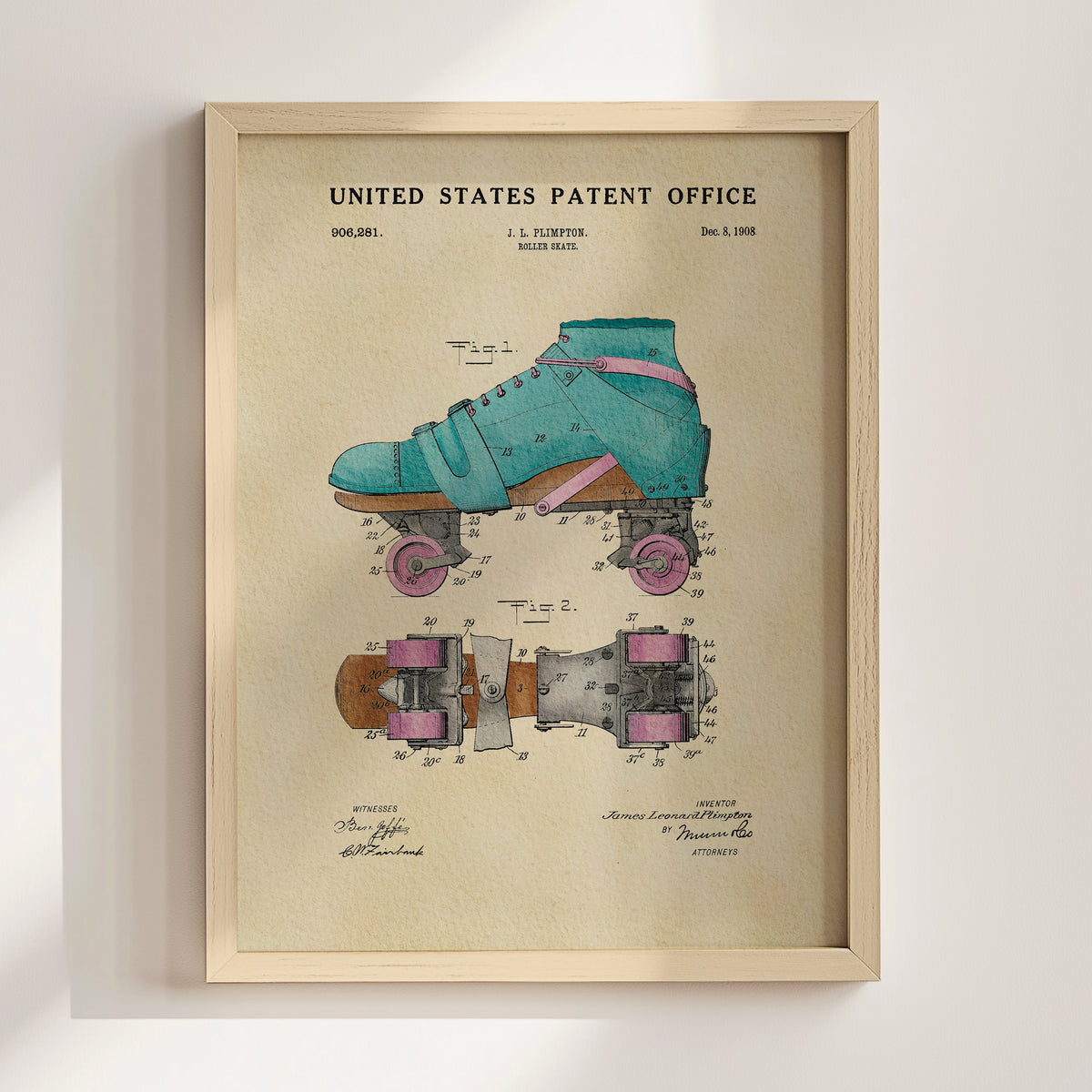 The image is a framed patent drawing of a roller skate, depicting the design and features of the skateboard.