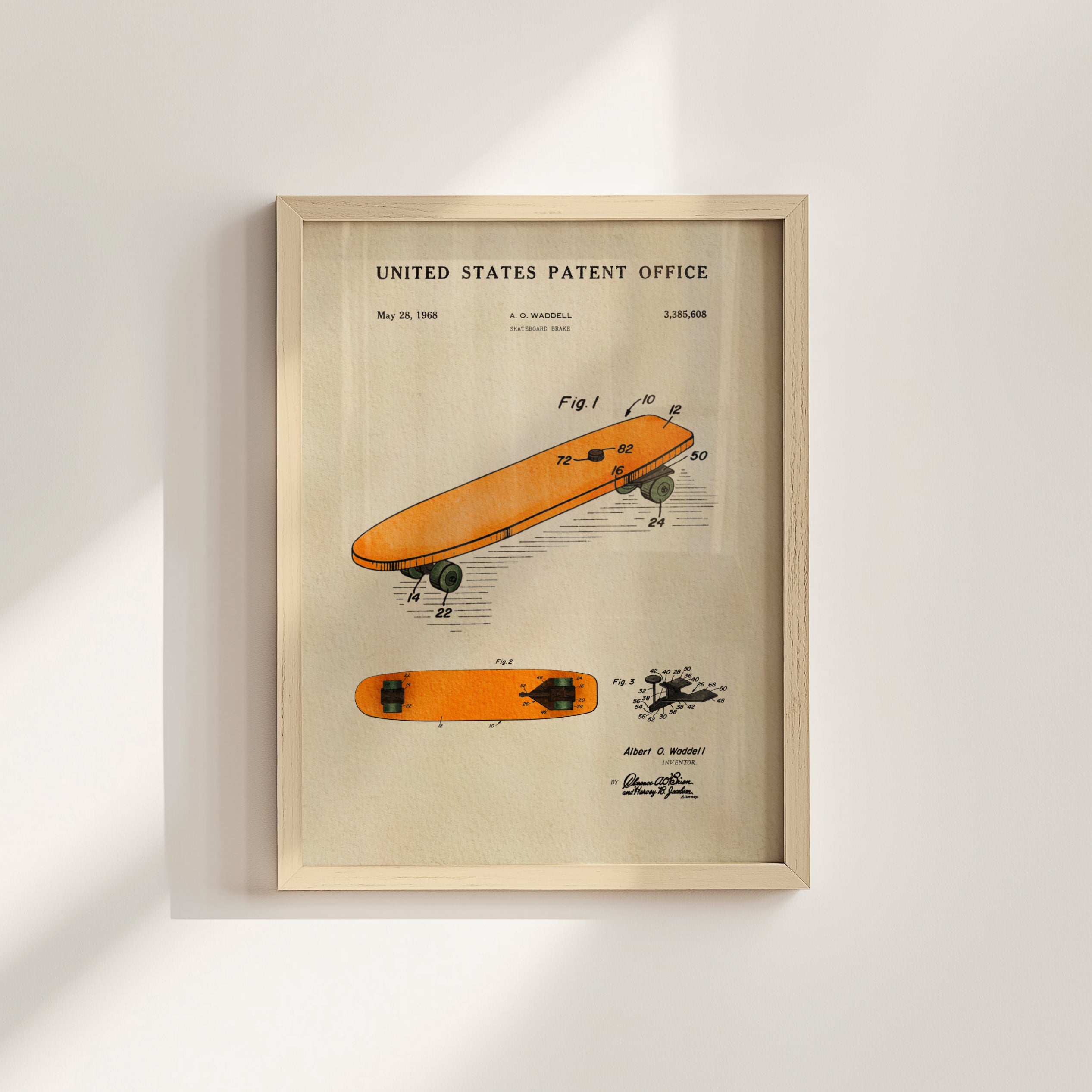 The image is a framed patent drawing of a skateboard, depicting the design and features of the skateboard.