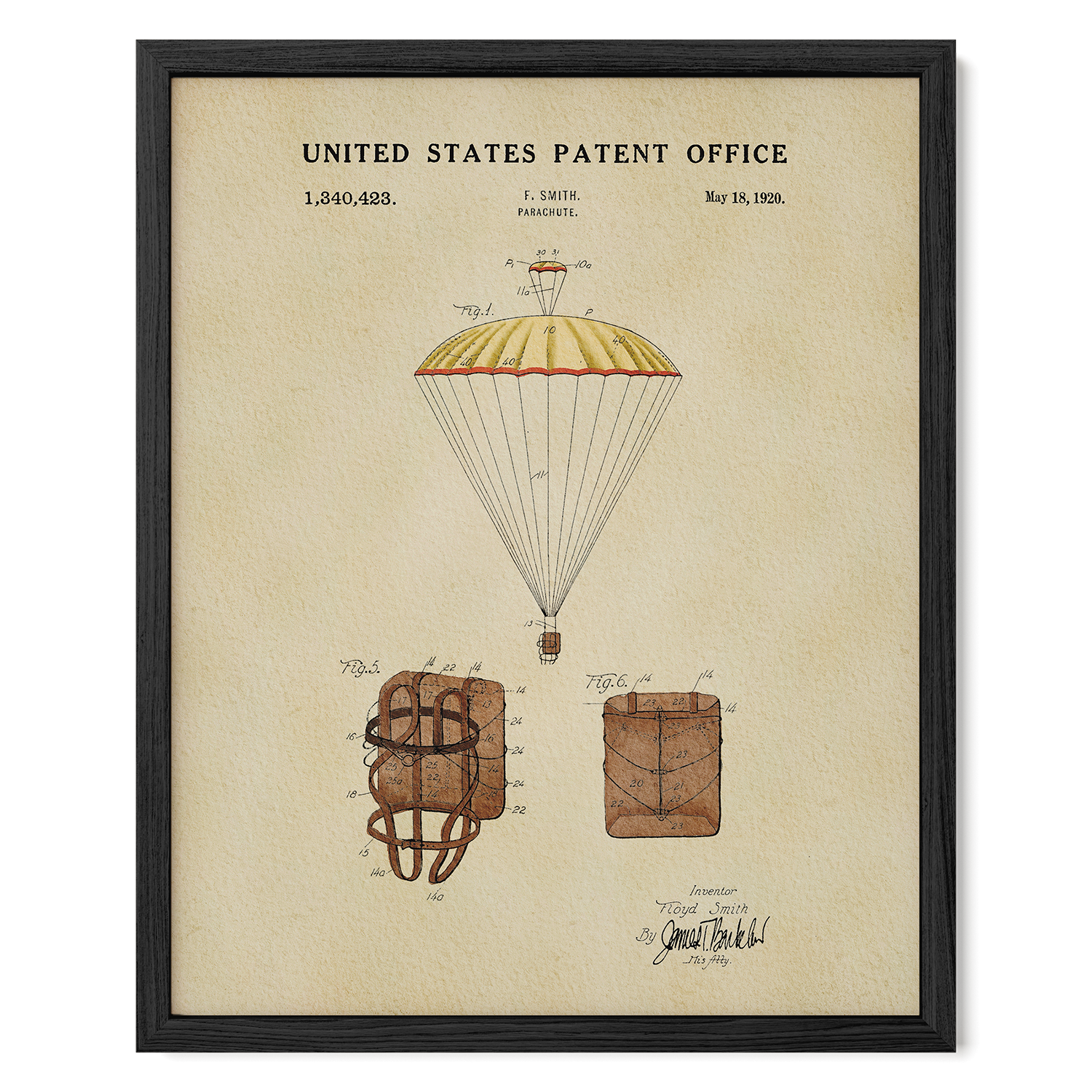 The image is a framed patent drawing depicting a parachute and a parachute-like device, with detailed technical drawings and labels.