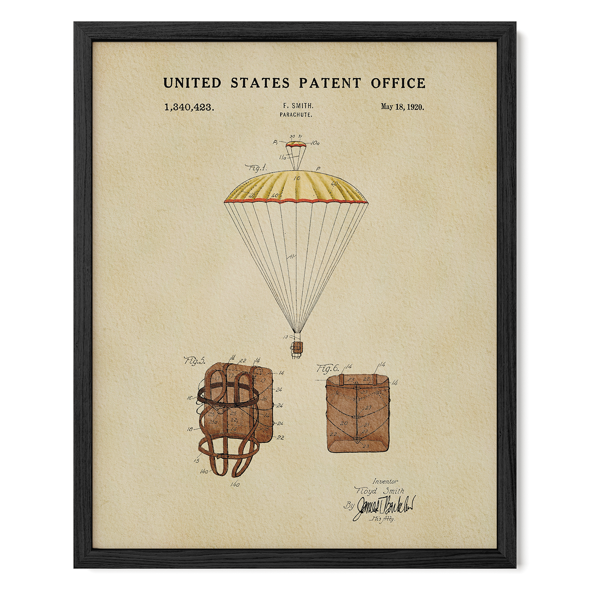 The image is a framed patent drawing depicting a parachute and a parachute-like device, with detailed technical drawings and labels.