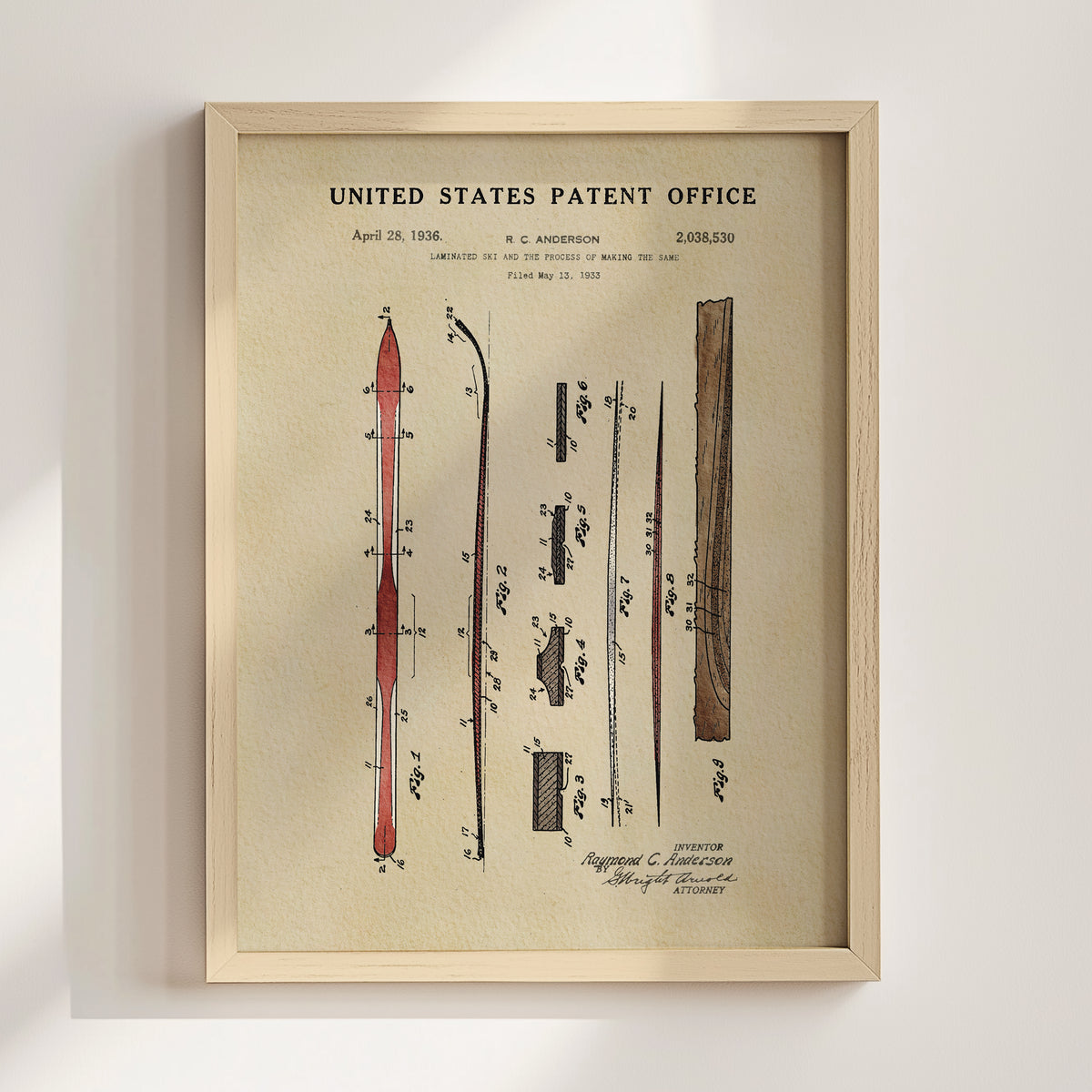 The image is a framed patent drawing depicting a ski design from 1933.