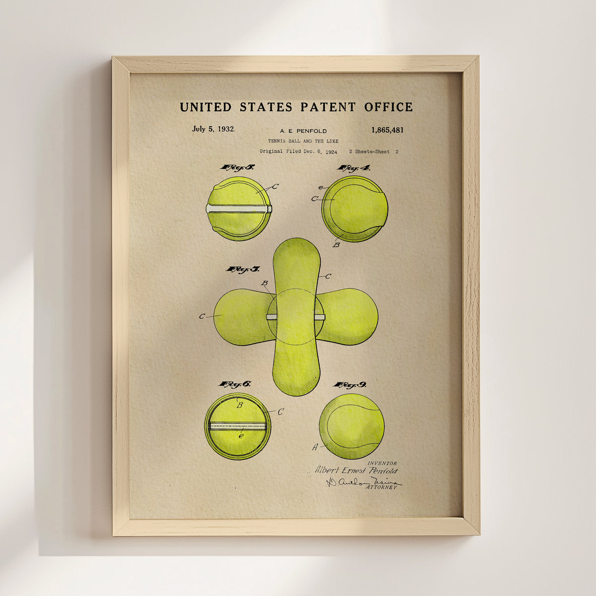 The image is a framed patent drawing depicting a tennis ball and racket.