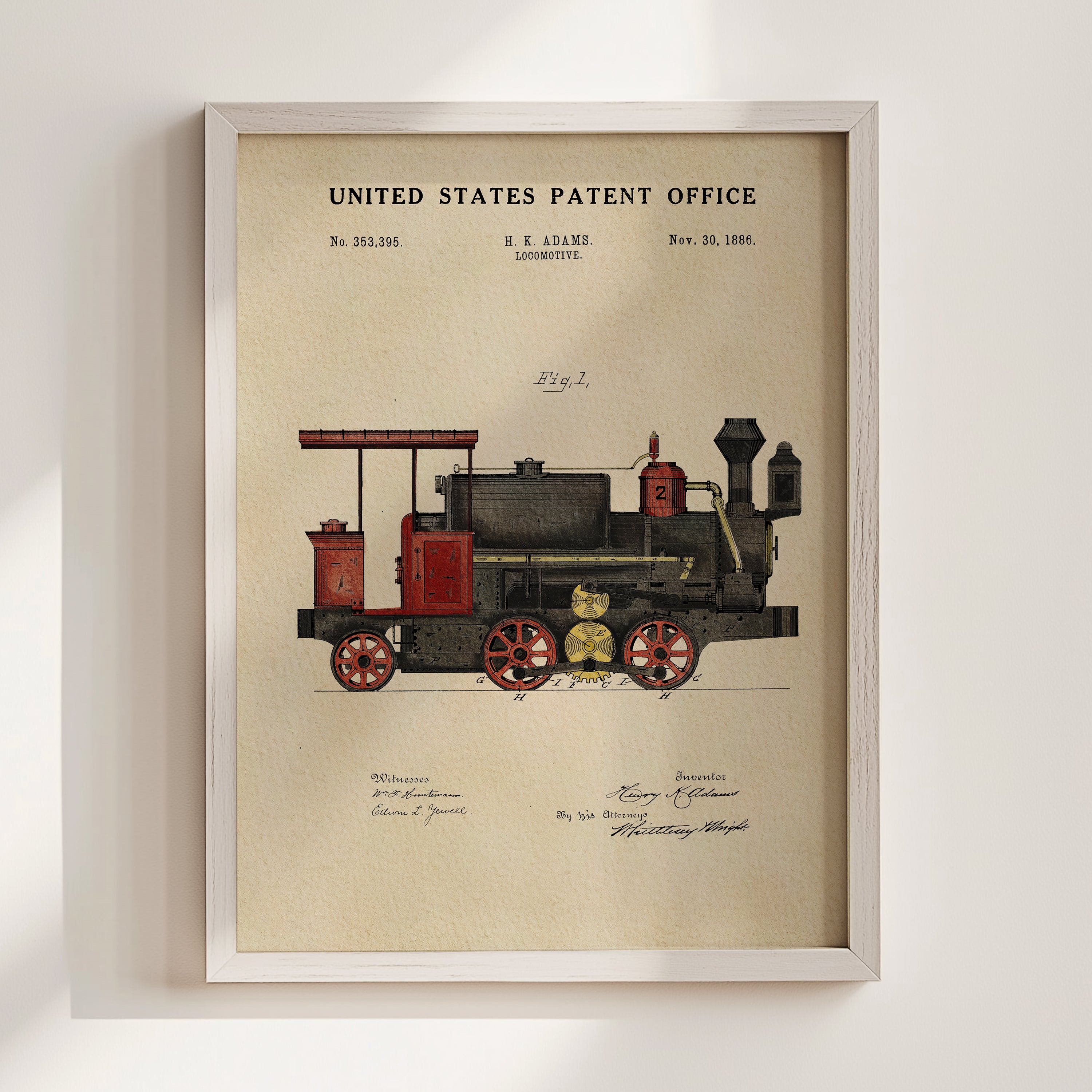 The image is a framed print of a vintage United States patent office patent for a locomotive, dated November 30, 1885.