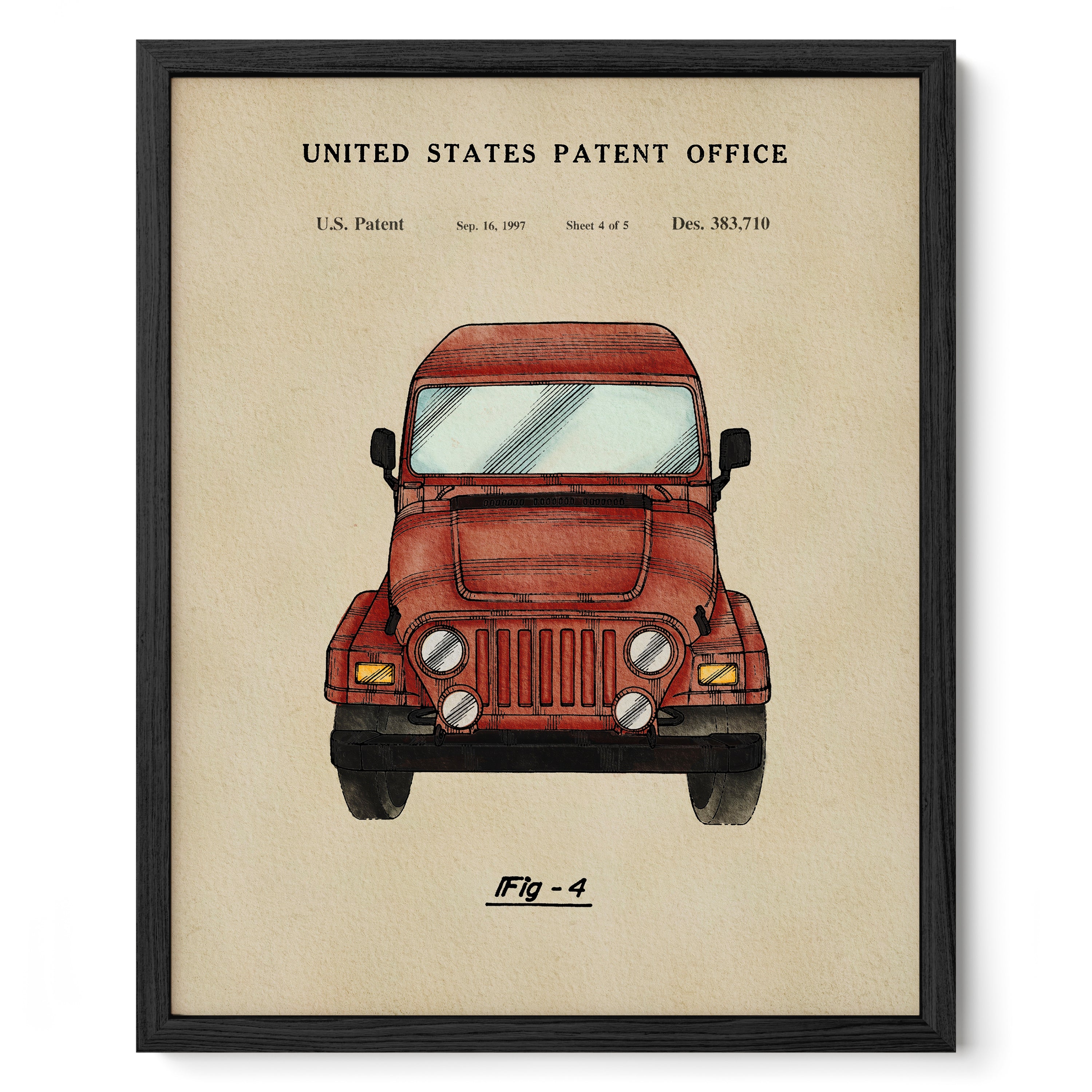 The image is a framed print depicting a red jeep, with the text "United States Patent Office" and "U.S. Patent" above it.