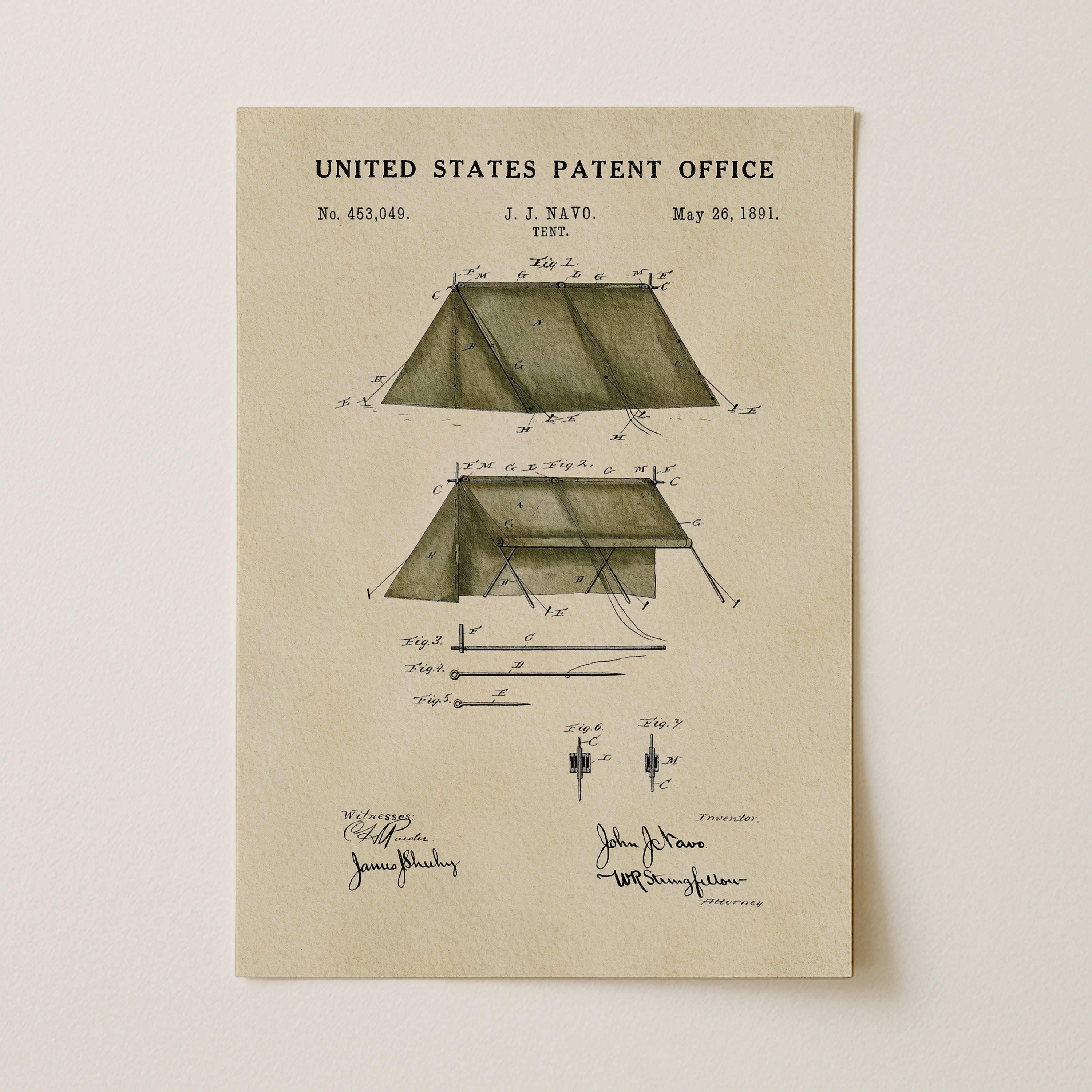 The image is a vintage United States patent office patent drawing for a tent, dated May 26, 1901.