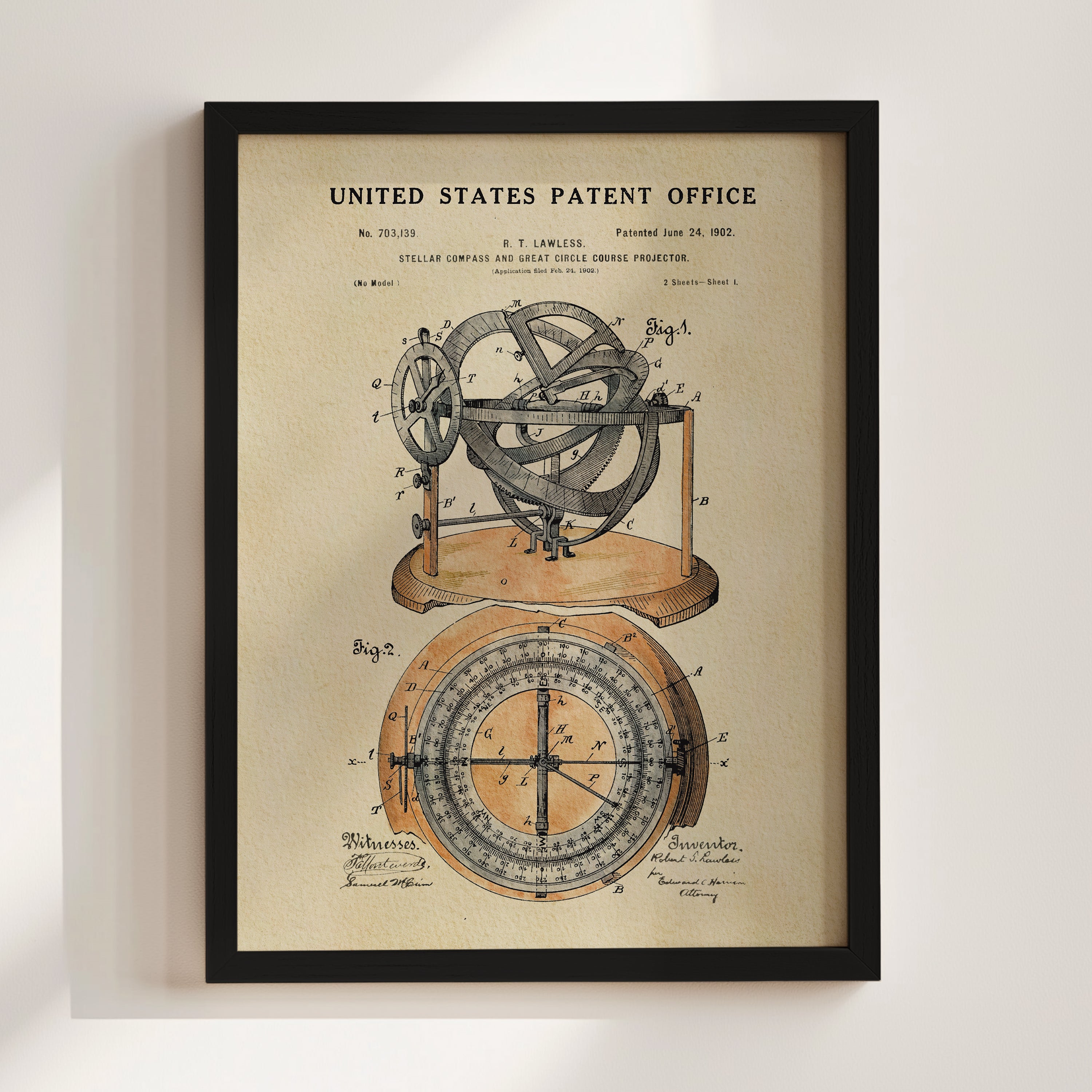 The image is a framed patent drawing depicting a compass and a model of a telescope.