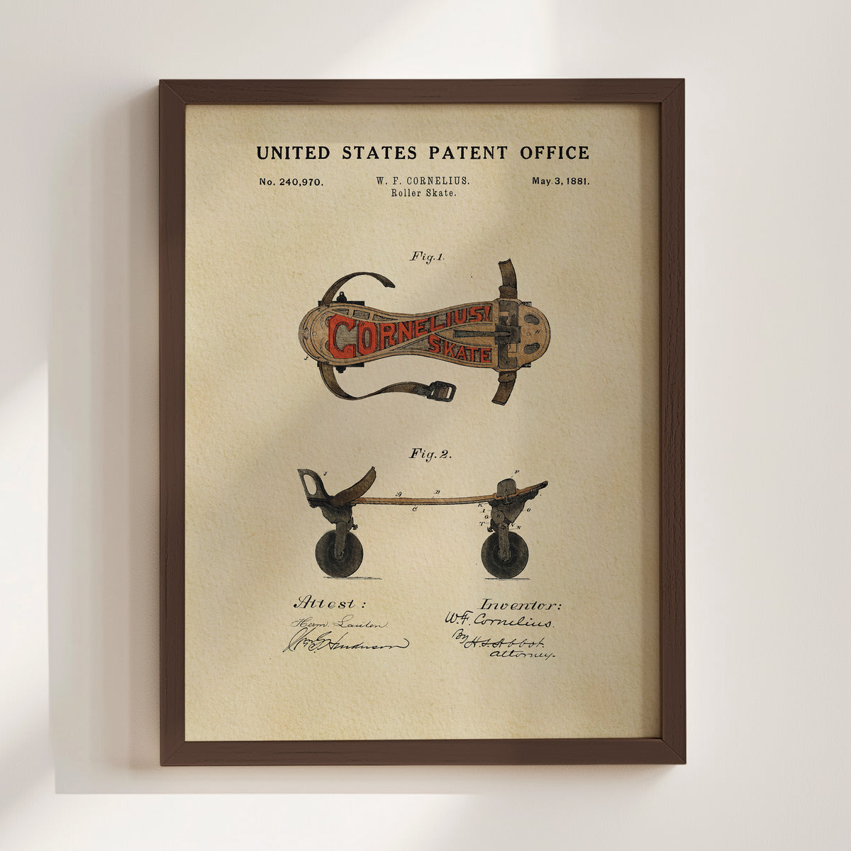 The image is a framed patent drawing from the United States Patent Office, depicting a Cornet-Hussin roller skate.