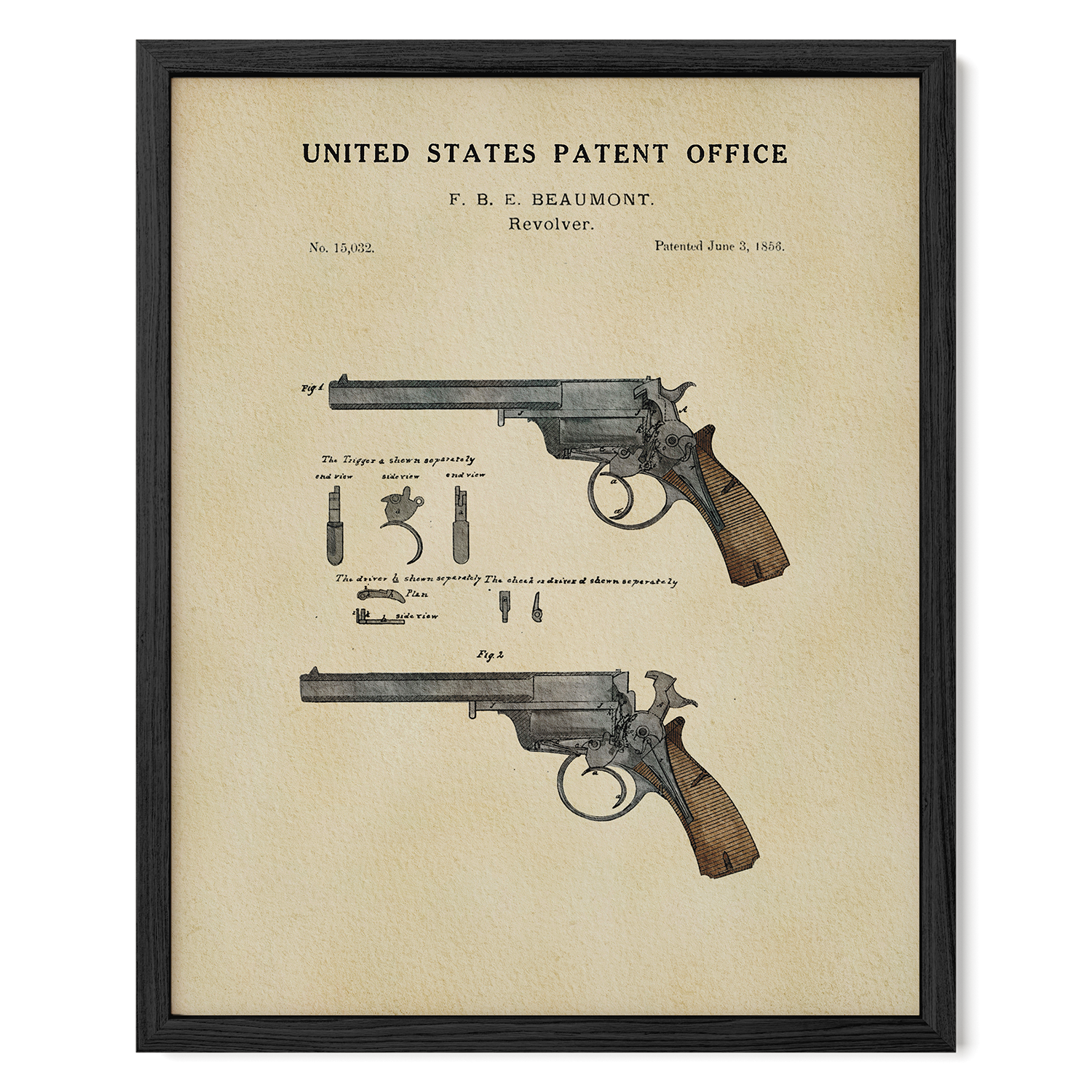The image is a framed patent drawing of a United States patent for a rifle, specifically the F. B. Beaumont Revolver.
