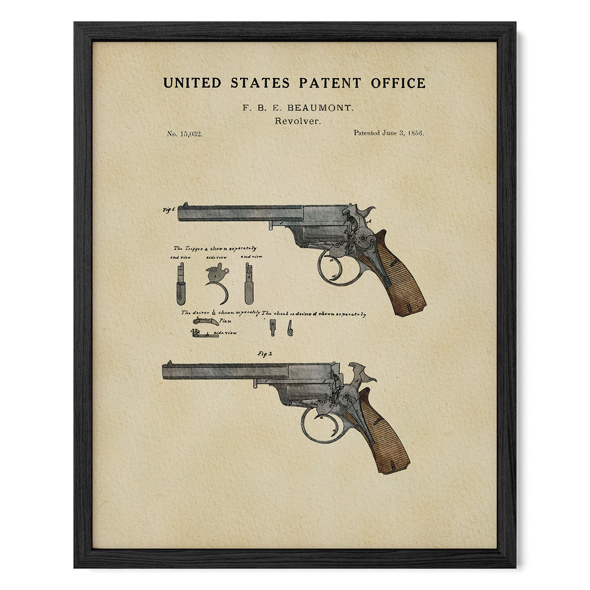The image is a framed patent drawing of a United States patent for a rifle, specifically the F. B. Beaumont Revolver.