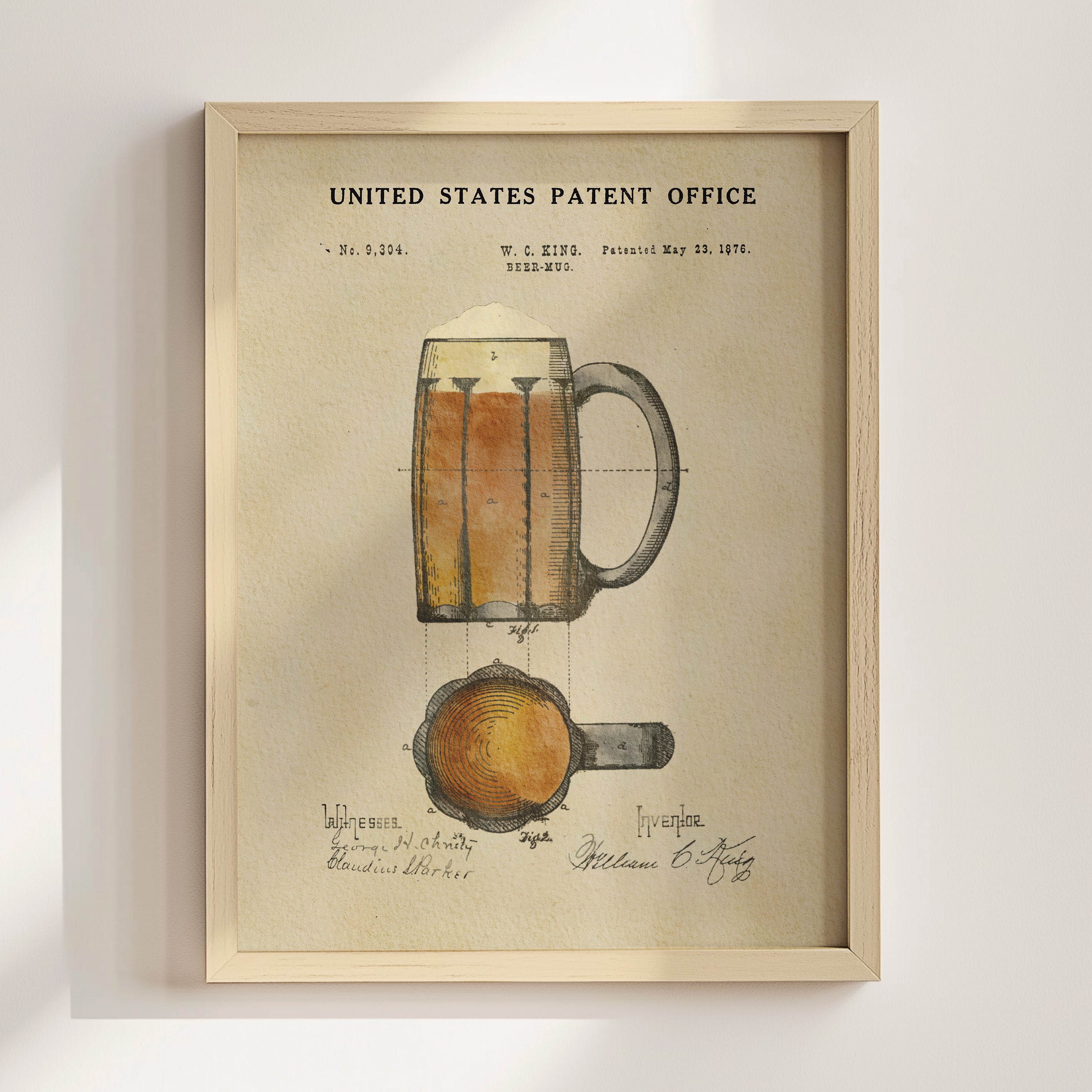 The image is a framed print depicting a beer mug with a detailed illustration of the mug and its contents.