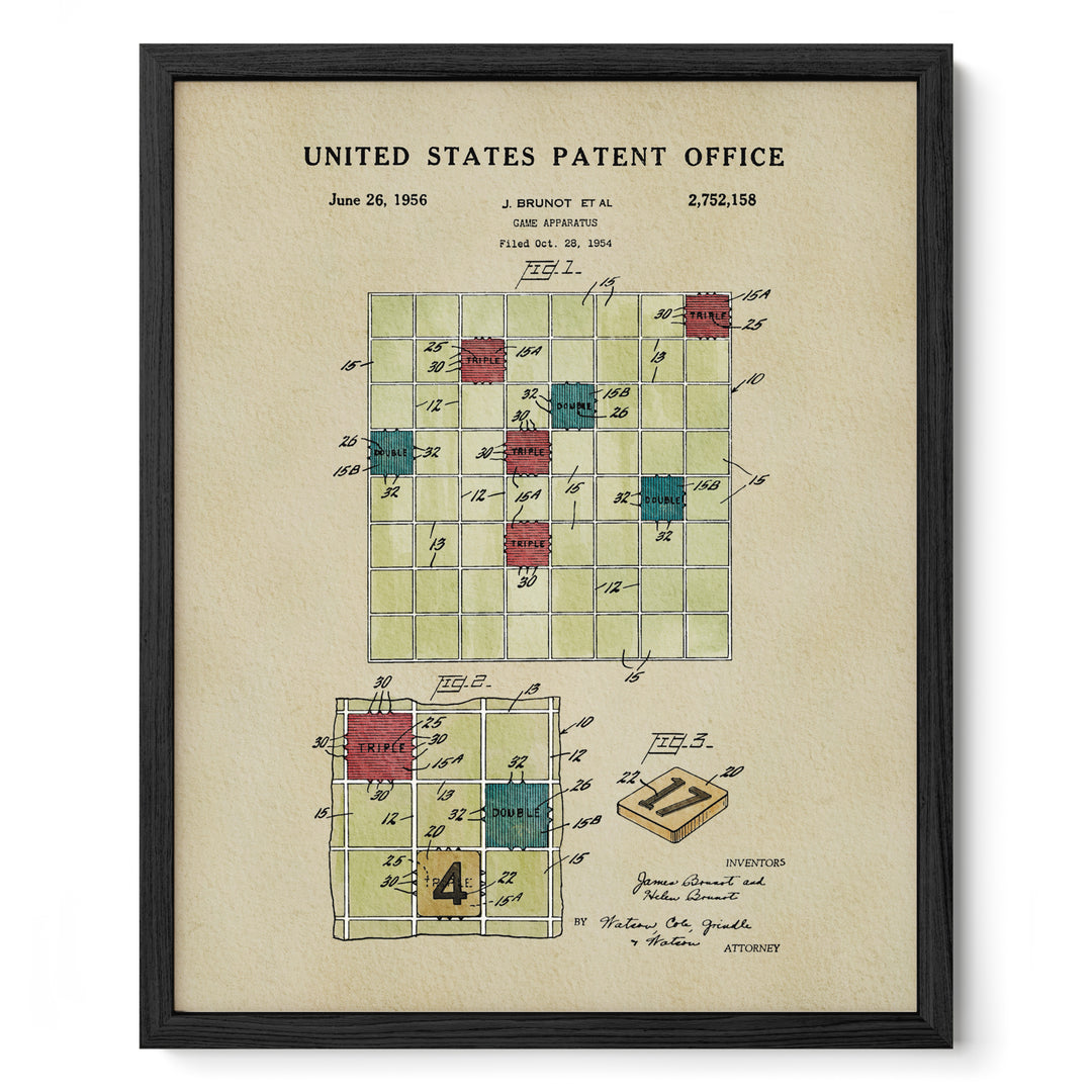 The image is a framed print of a United States patent office patent from June 26, 1966. It features a detailed technical drawing and description of a square-based game board with a unique design.