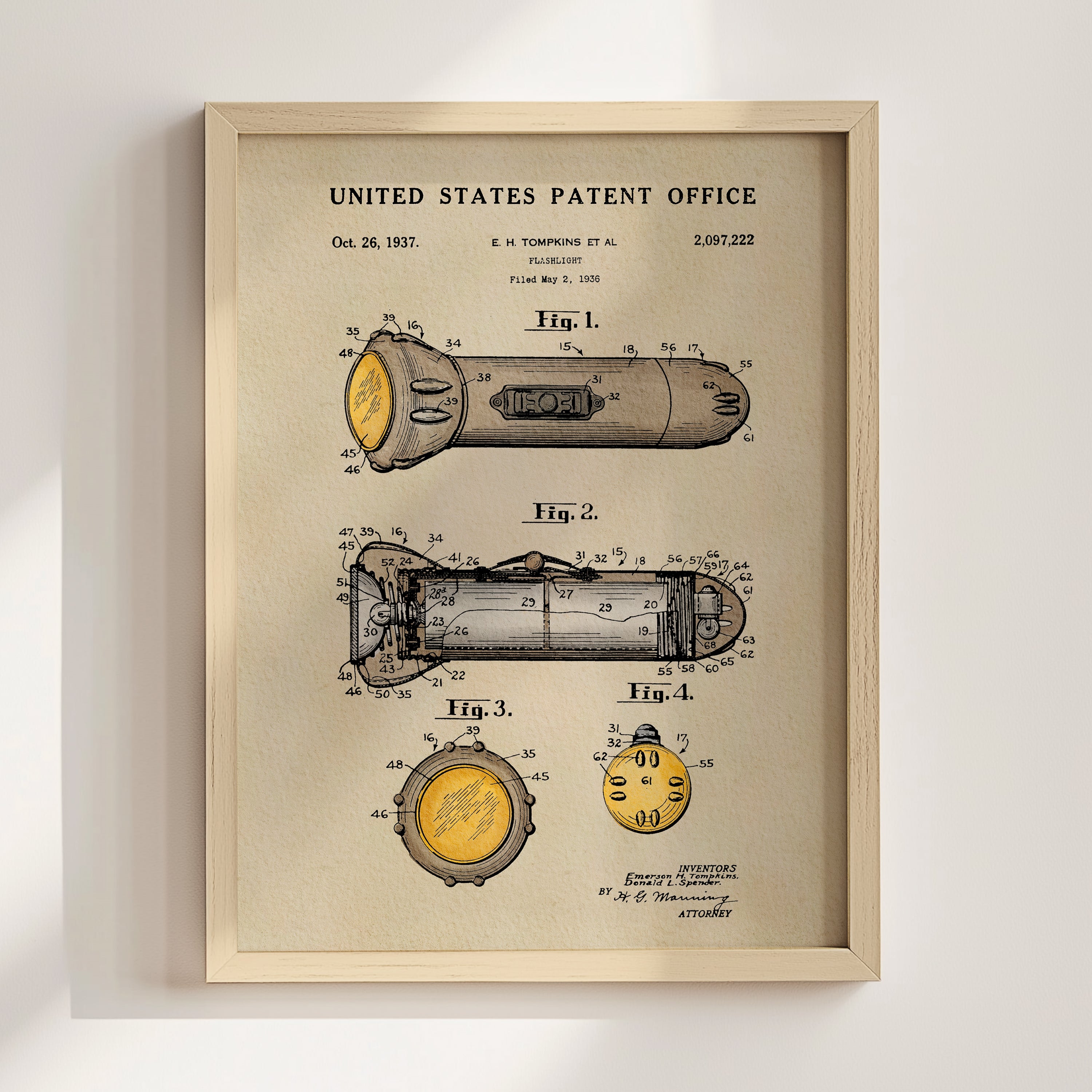 The image is a framed patent drawing depicting a flashlight, with detailed technical drawings and labels.