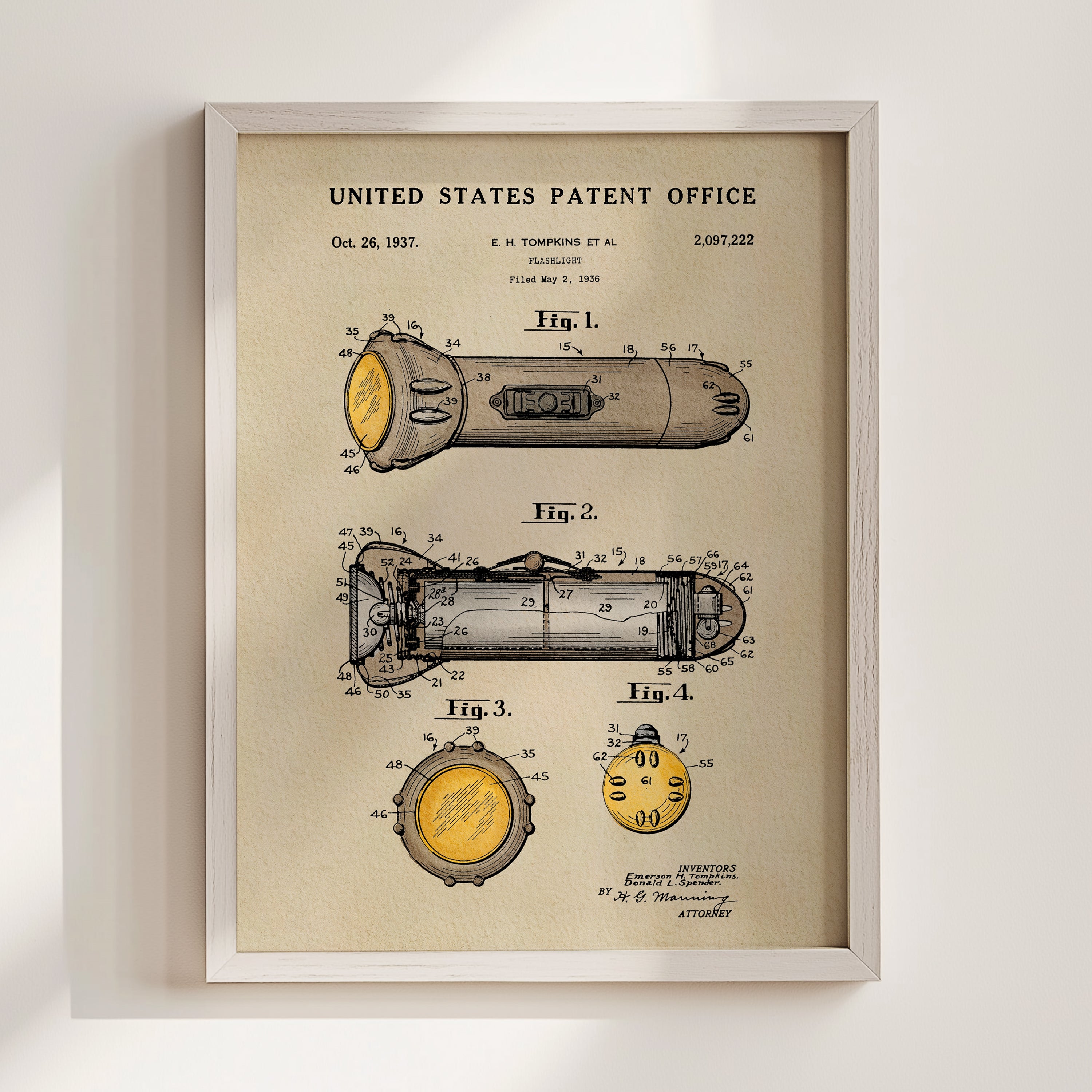 The image is a framed patent drawing depicting a flashlight, with detailed technical drawings and labels.