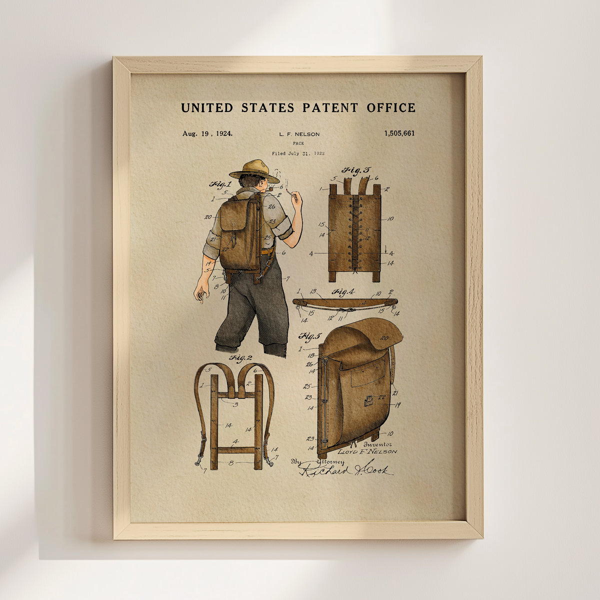 The image is a framed patent drawing depicting a man wearing a backpack, with various technical drawings and specifications surrounding him.