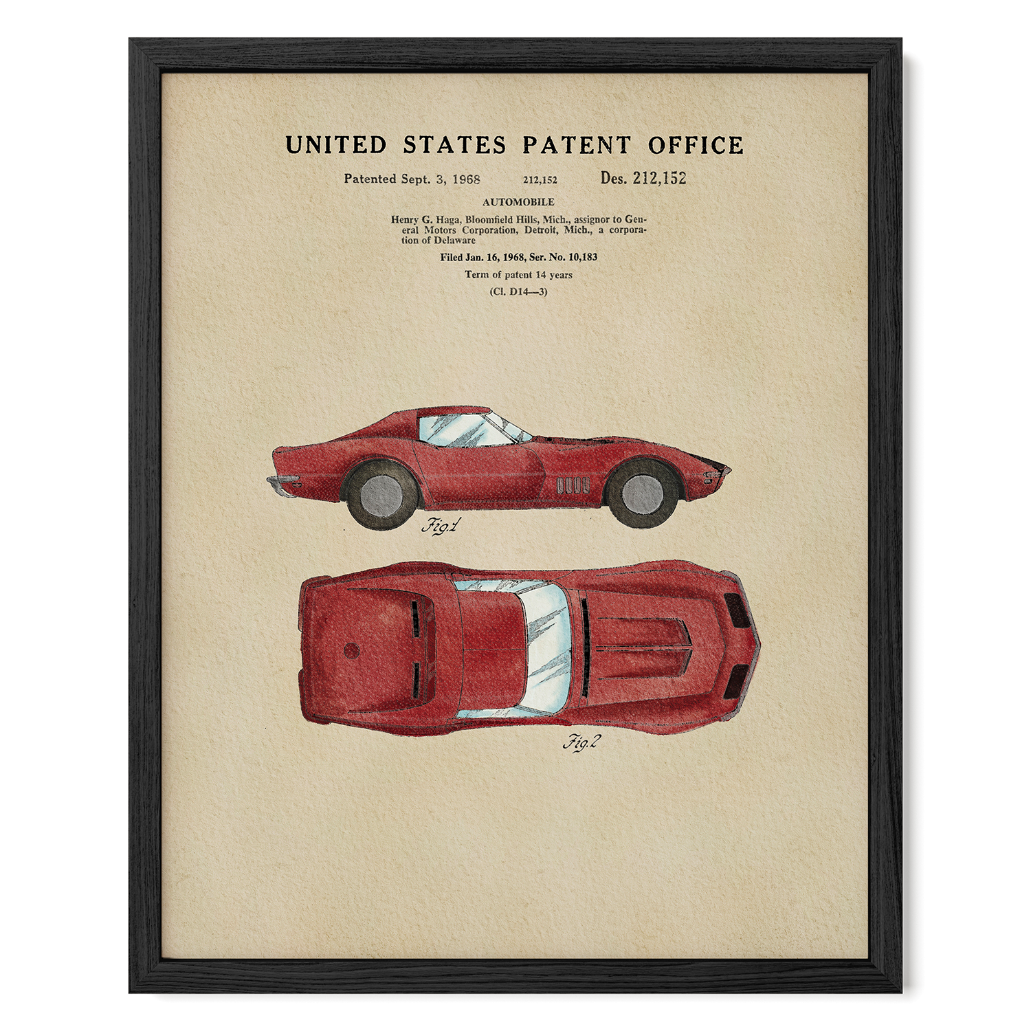 The image is a framed print of a United States patent office patent from September 3, 1968, titled 