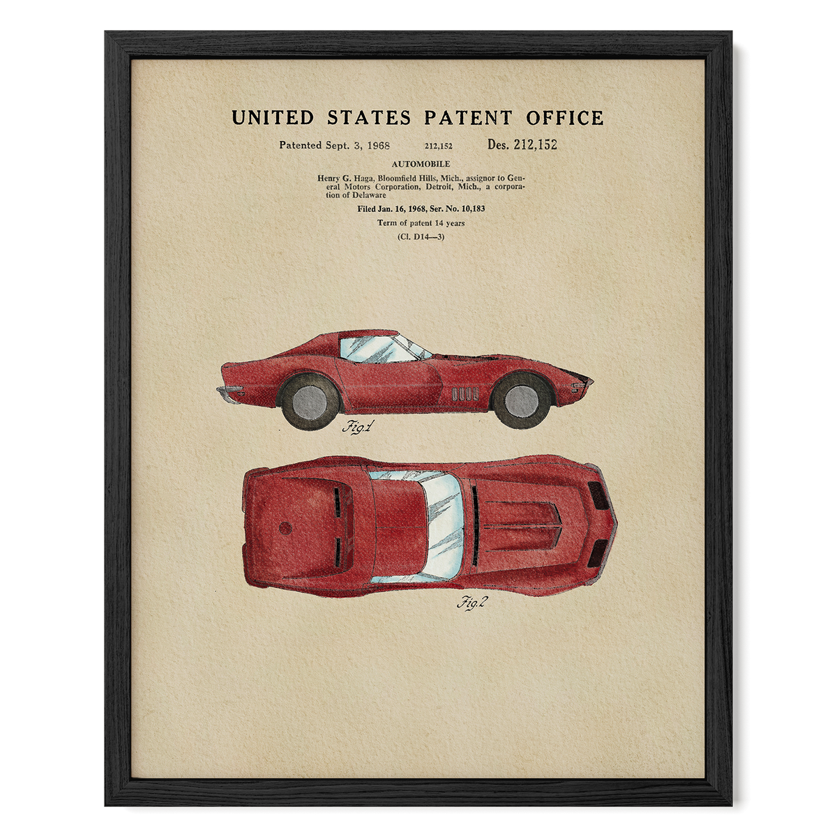 The image is a framed print of a United States patent office patent from September 3, 1968, titled "AUTOMOBILE". The print features a detailed illustration of a red sports car, along with its patent registration number, Pat. No. 112,152.