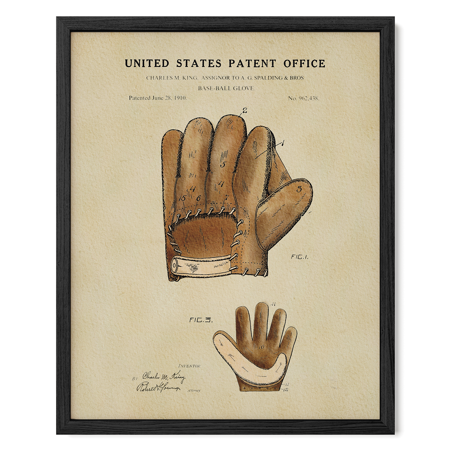 The image is a framed patent drawing of a baseball glove, depicting the glove in two different views.