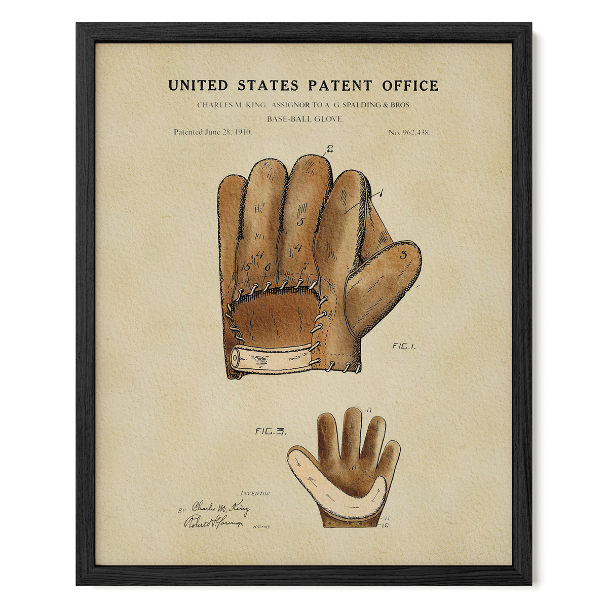 The image is a framed patent drawing of a baseball glove, depicting the glove in two different views.