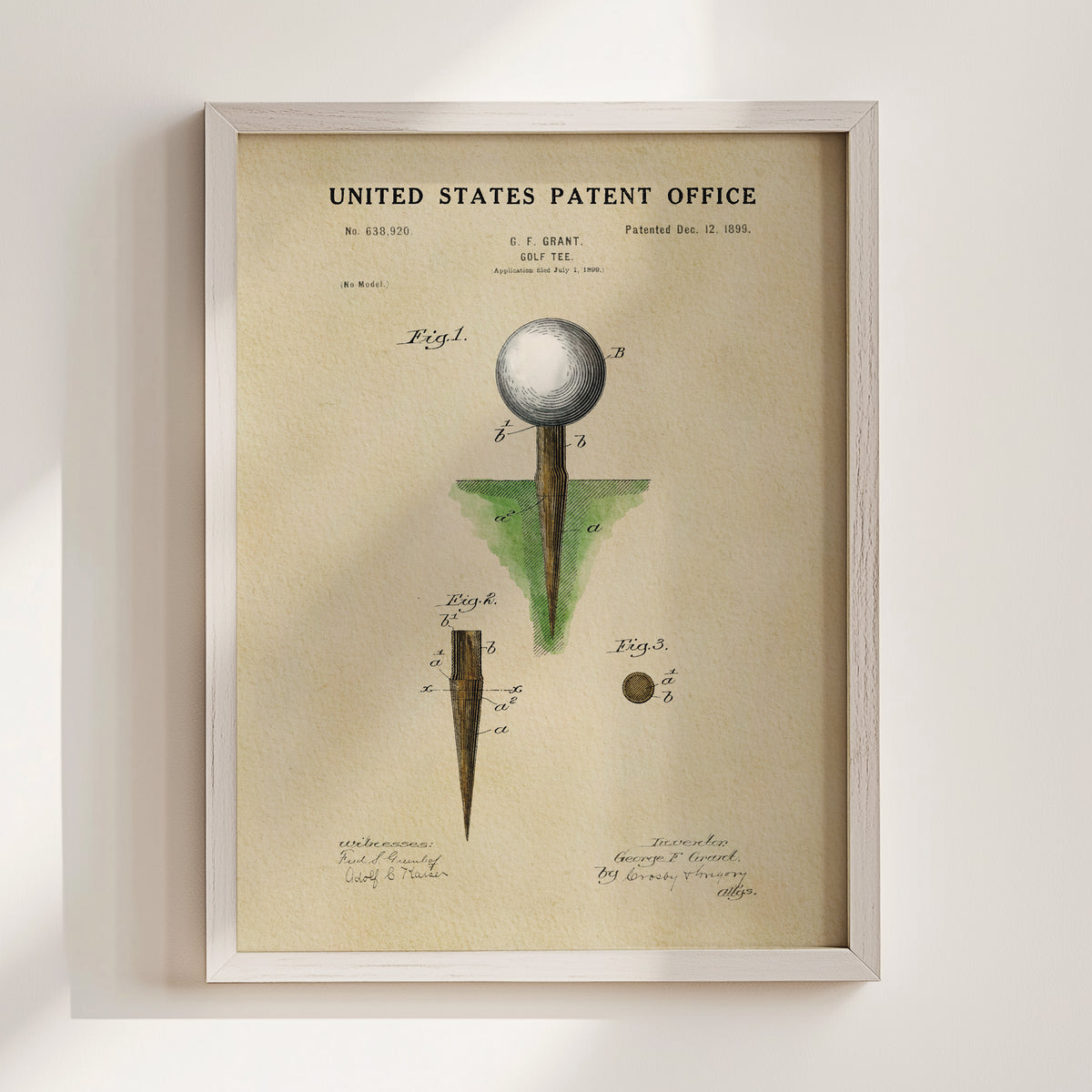 The image is a framed patent drawing depicting a golf club and ball, with accompanying technical drawings and annotations.