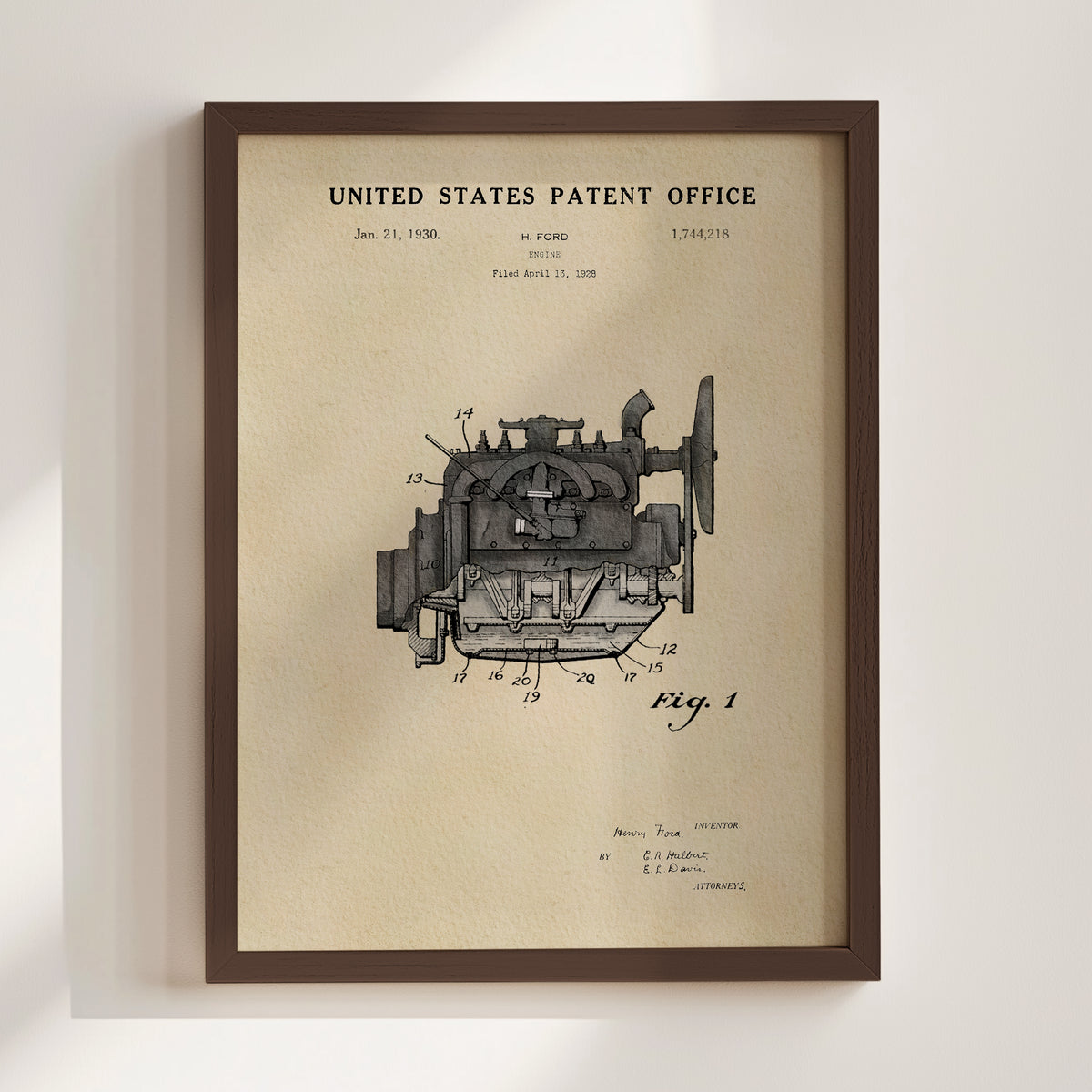 The image is a framed patent drawing depicting an engine, which is a piece of machinery used for propulsion.