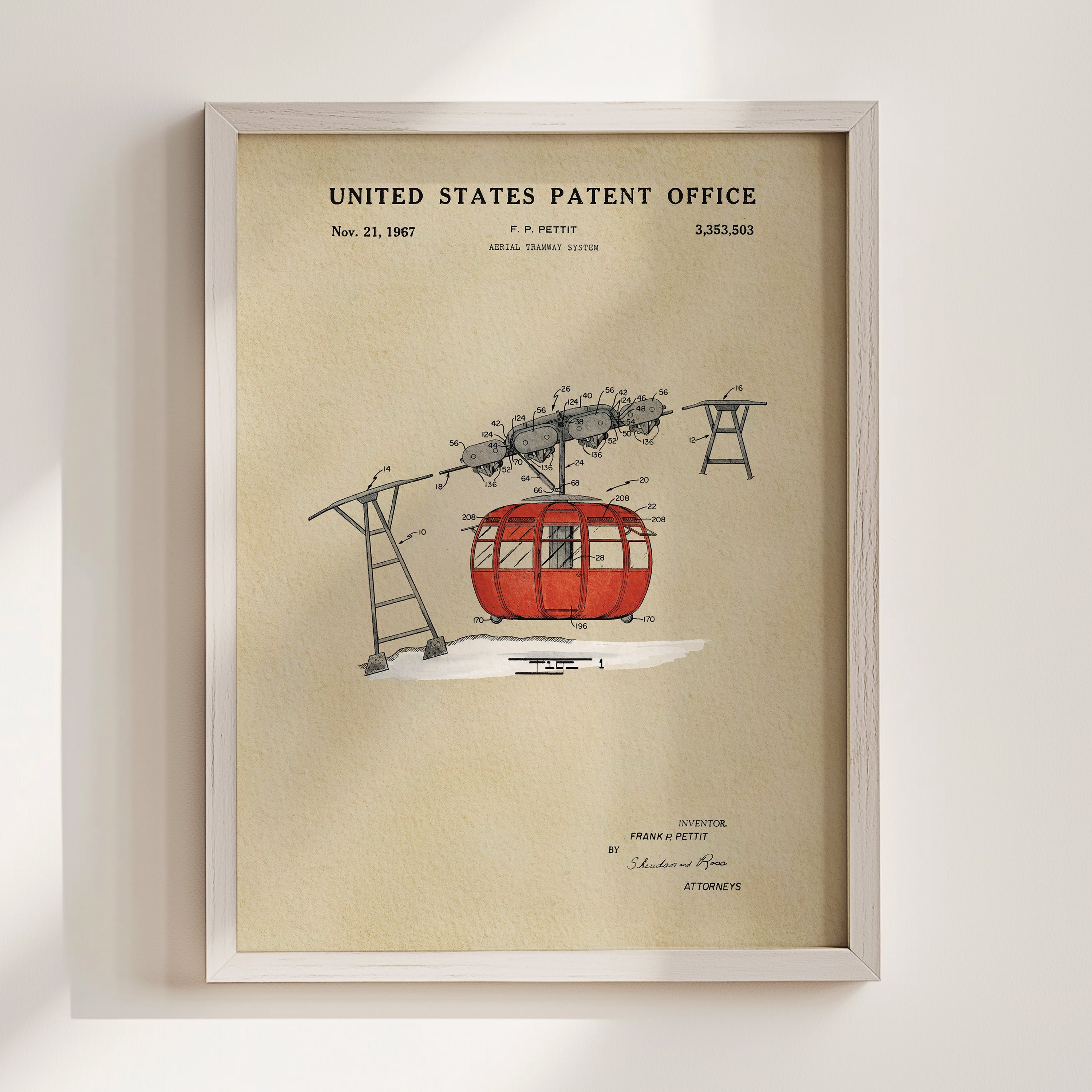 The image is a framed print of a patent application for a cable car system, dated November 21, 1967.