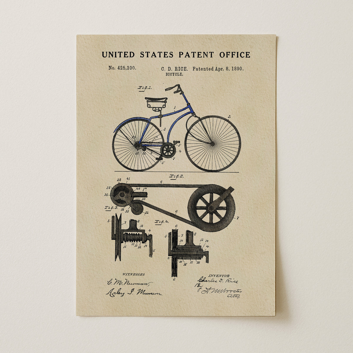 The image is a vintage United States patent office patent drawing of a bicycle, featuring detailed technical drawings and annotations.