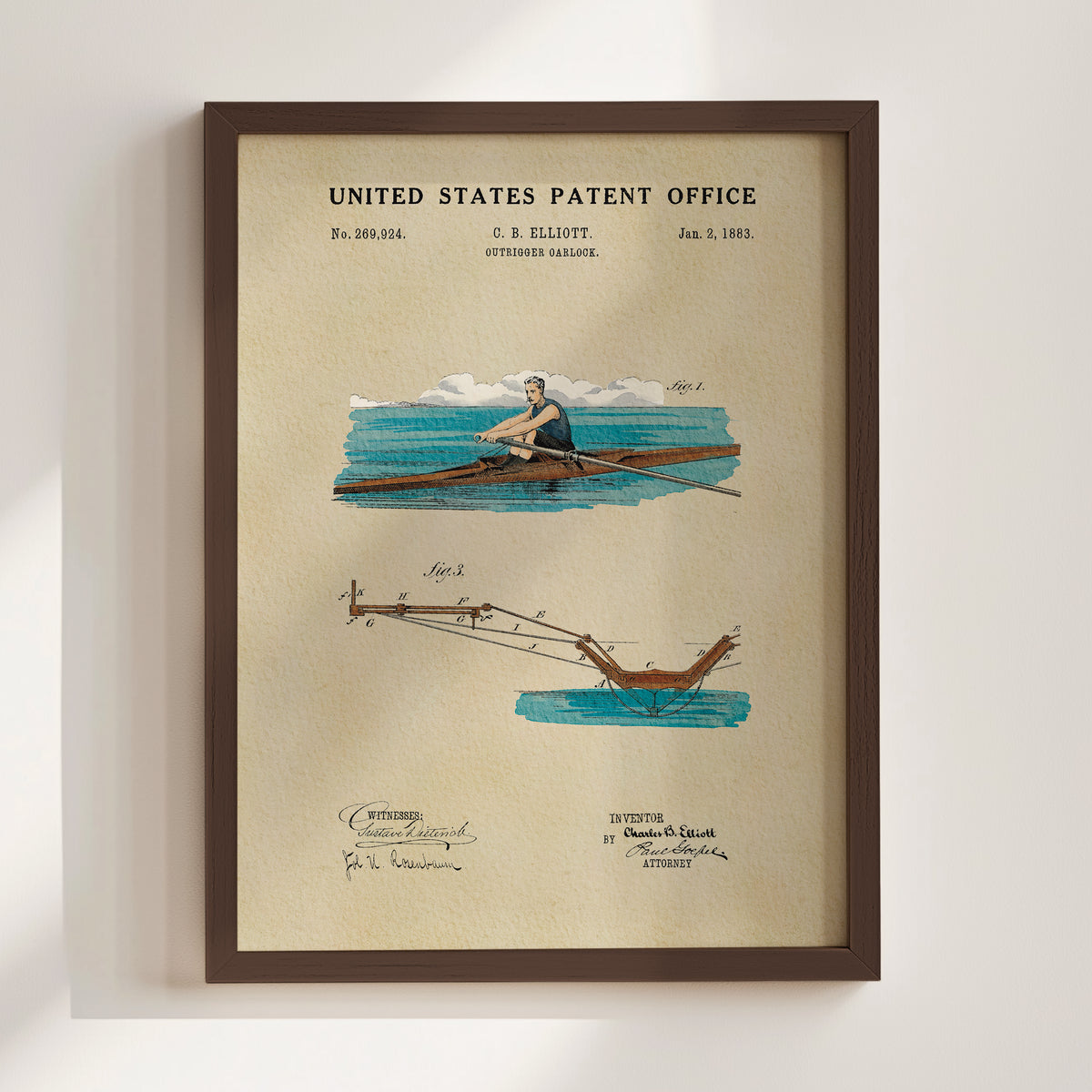 The image is a framed patent drawing depicting a rowing oar and a person rowing in a boat, with a title "United States Patent Office" and a date "Jan. 2, 1885".