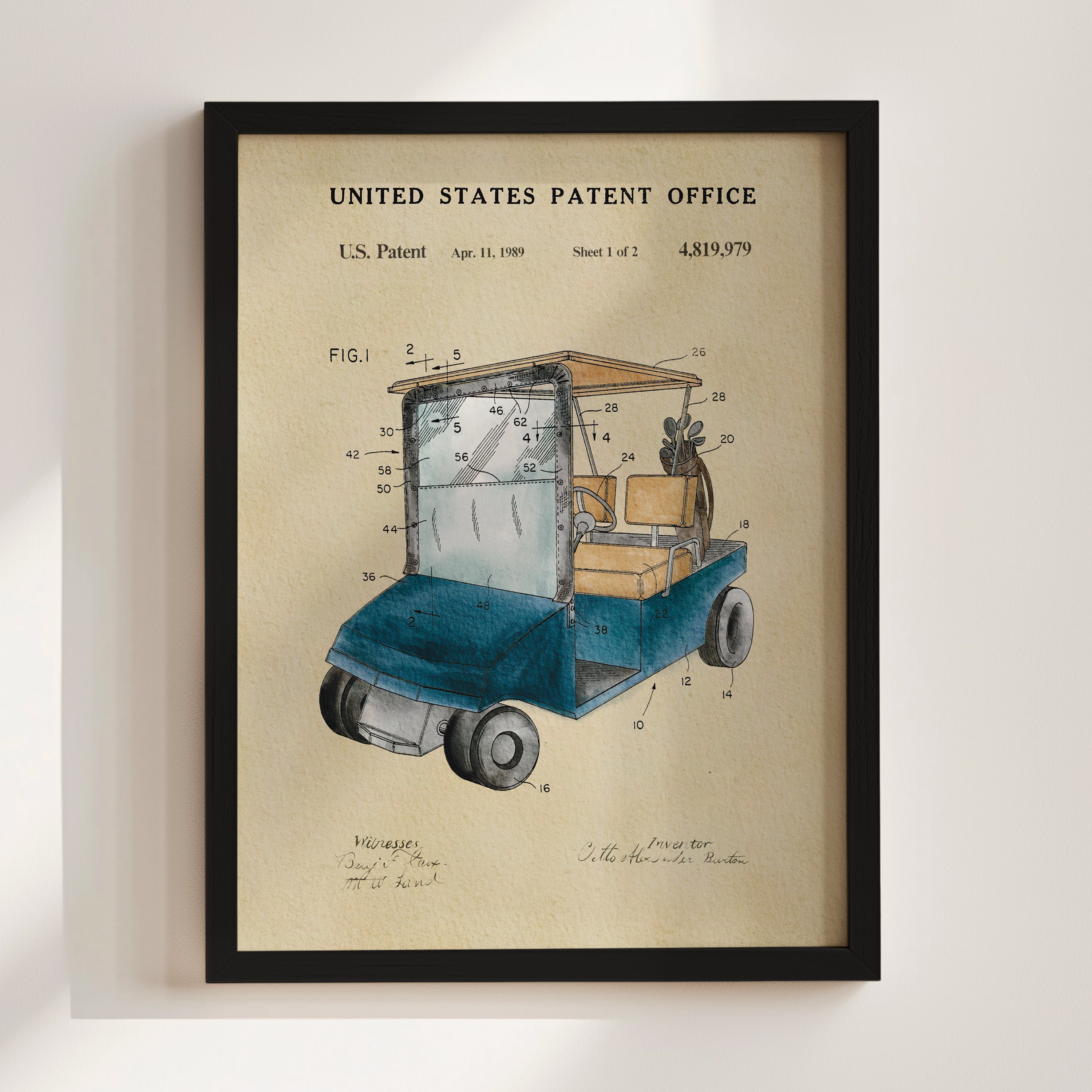 The image is a framed patent drawing of a golf cart, depicting the design and features of the vehicle.