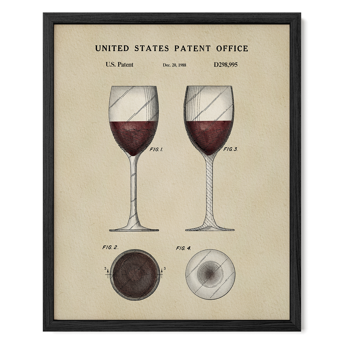 The image is a framed vintage patent drawing of two wine glasses, depicting the design and structure of the glasses.