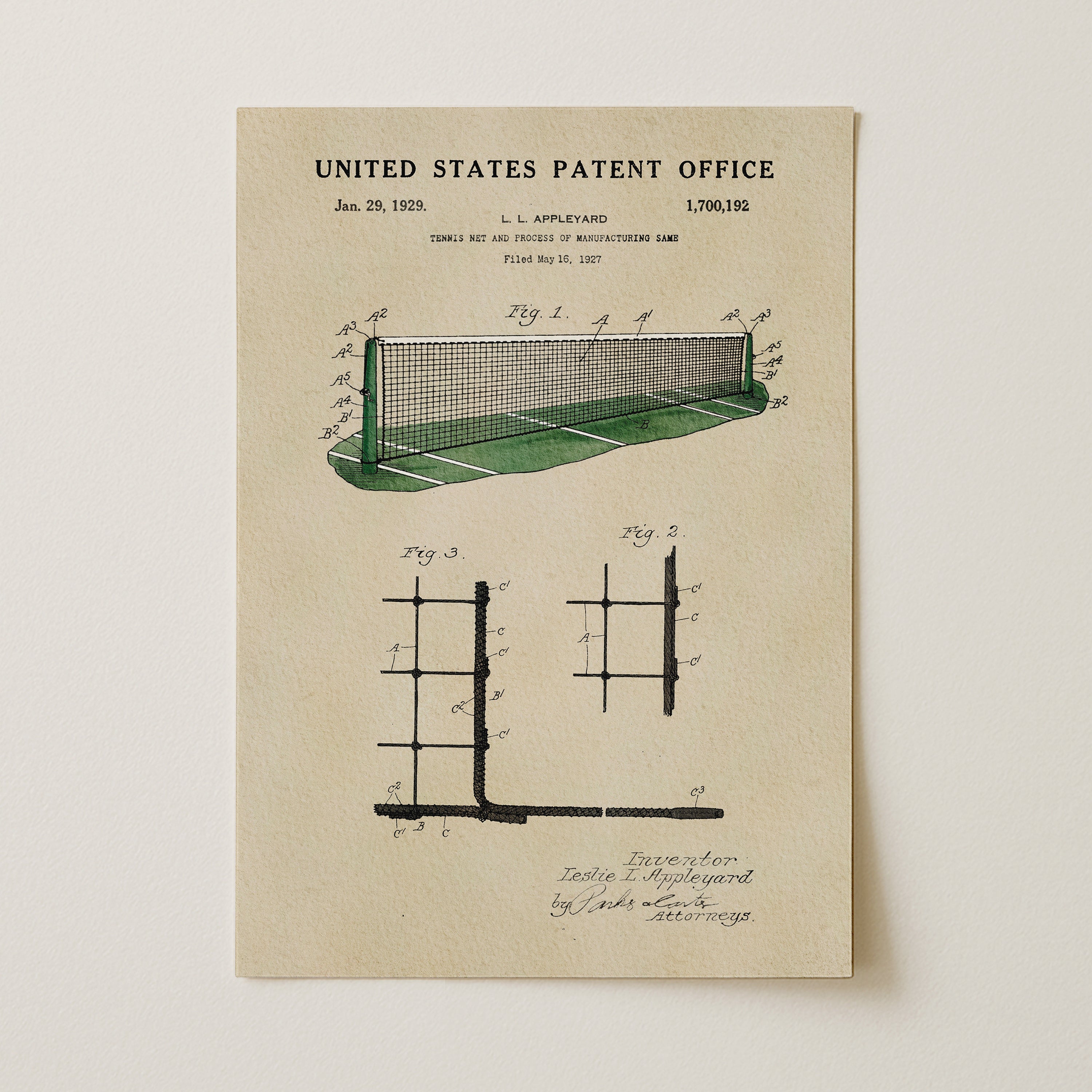 A vintage United States patent office document from January 29, 1929, featuring an illustration of a tennis net and a diagram of its components.