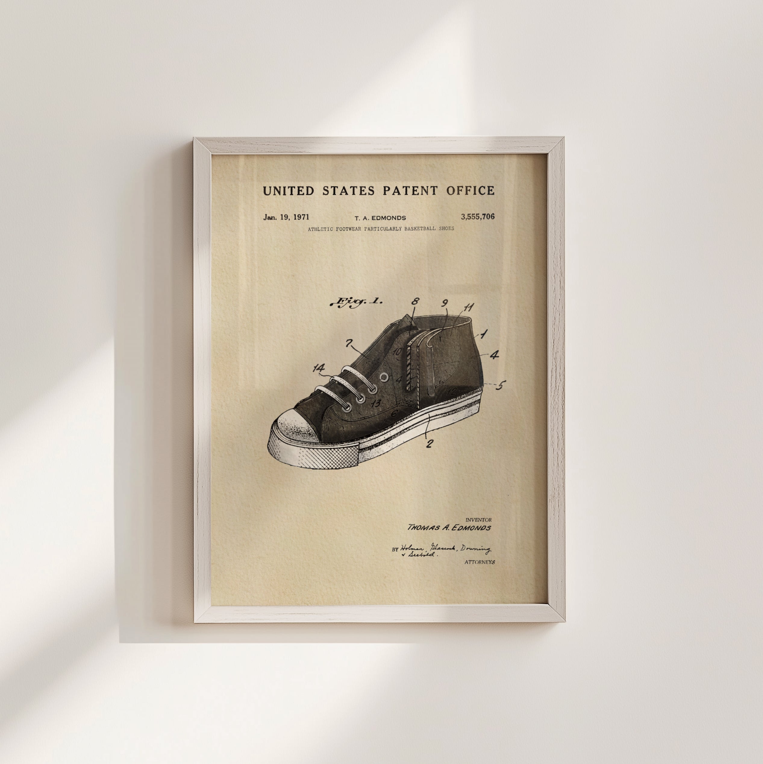 The image is a framed patent drawing of a shoe, depicting a technical drawing of a shoe with various labels and annotations.