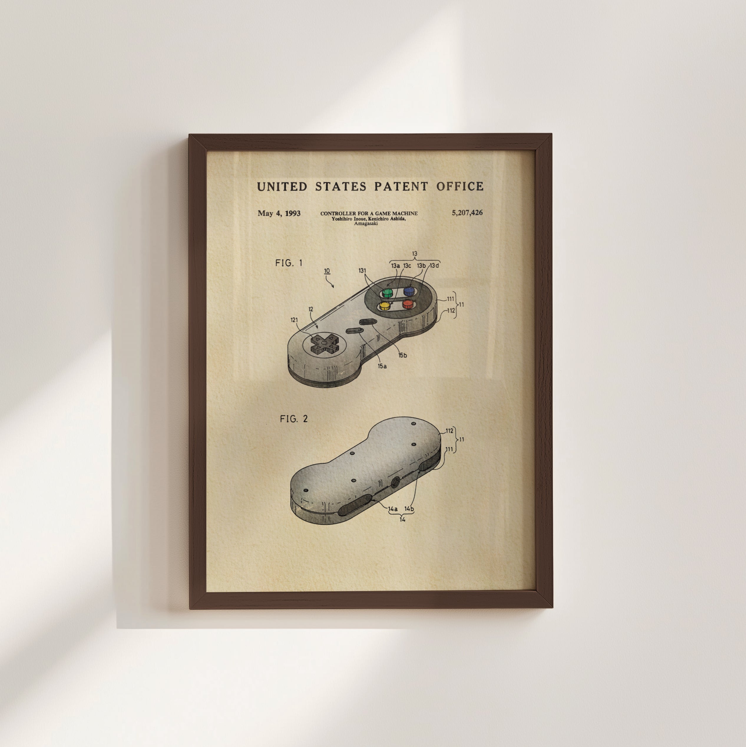 The image is a framed patent drawing of a video game controller, specifically a Nintendo controller, with technical drawings and specifications.