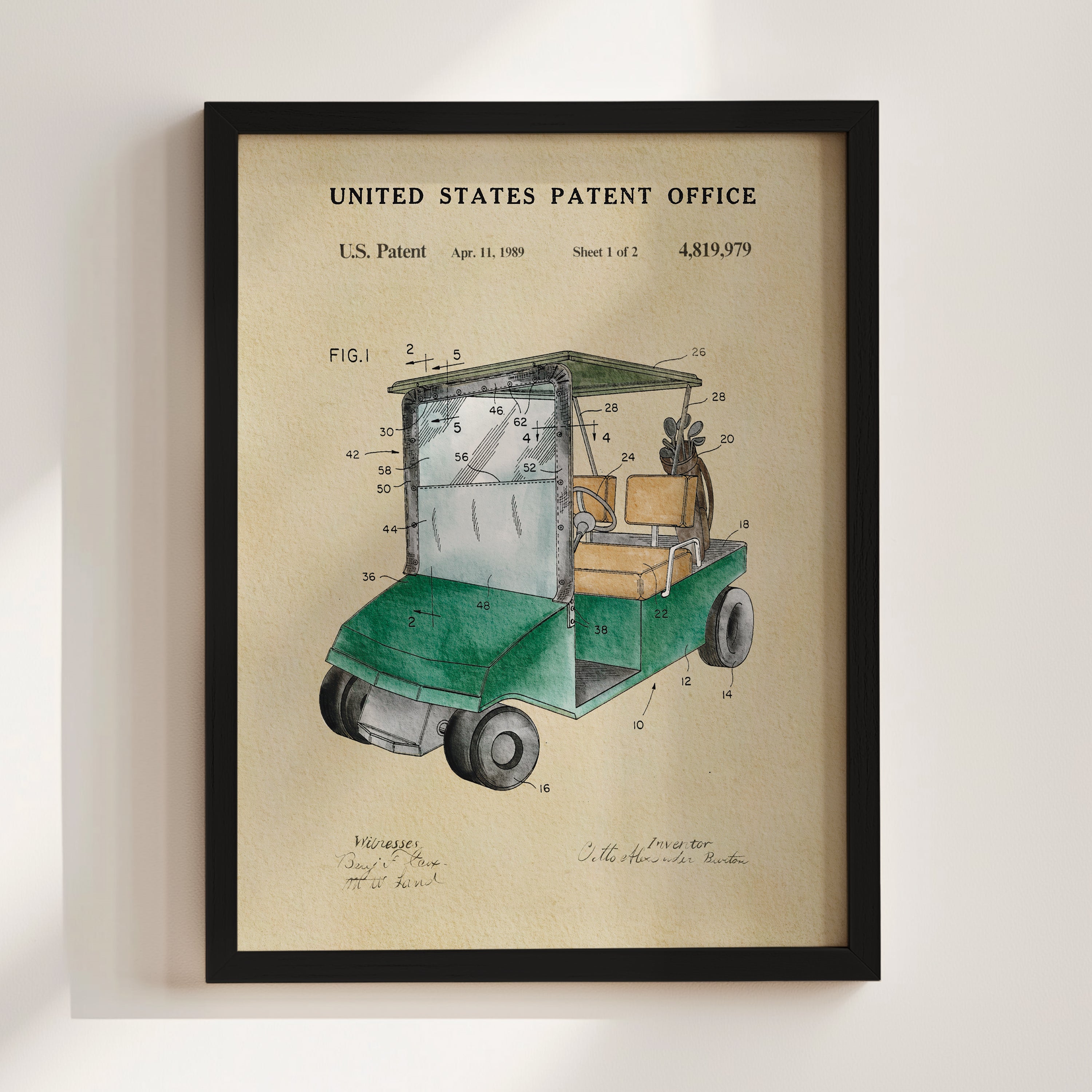 The image is a framed patent drawing of a golf cart, depicting the design and features of the vehicle.