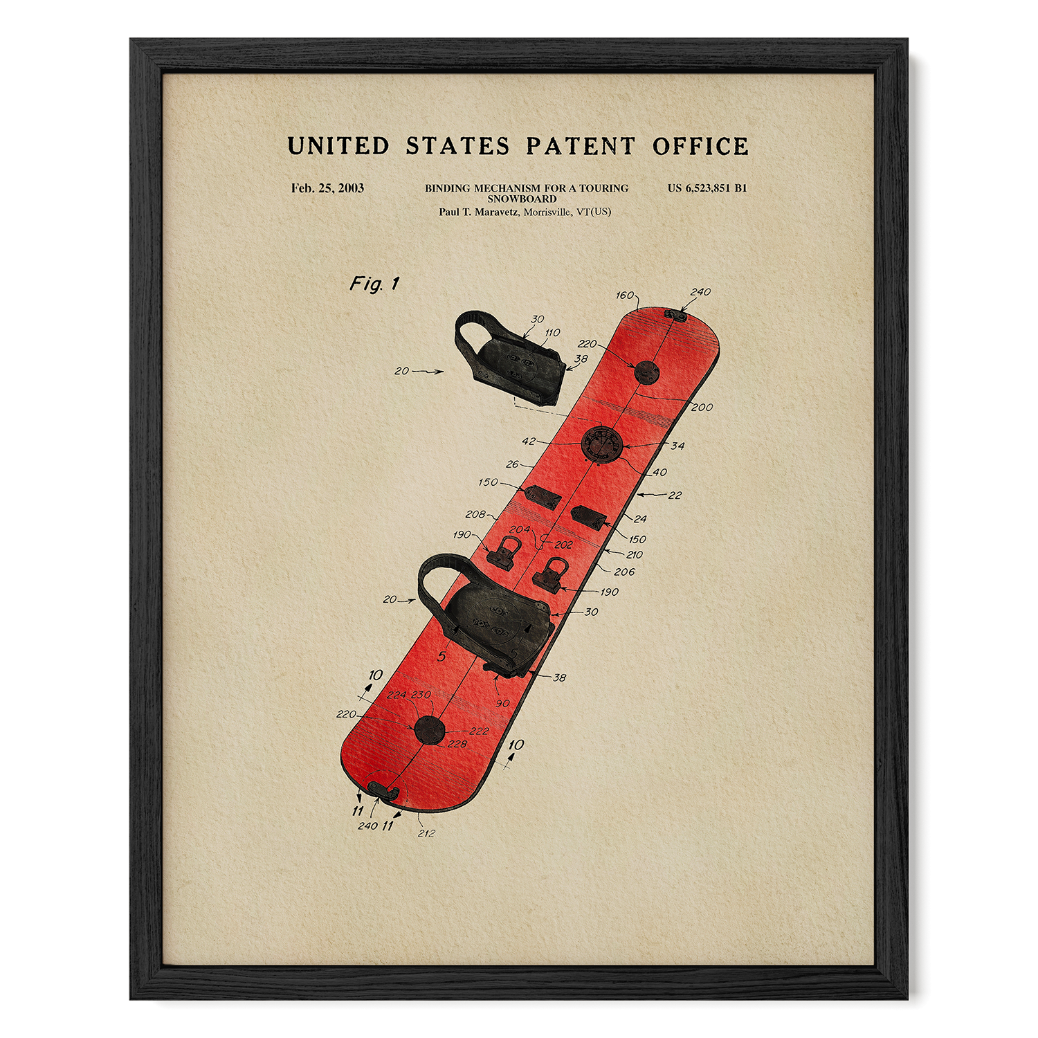 The image is a framed patent drawing depicting a red snowboard with various technical drawings and specifications.