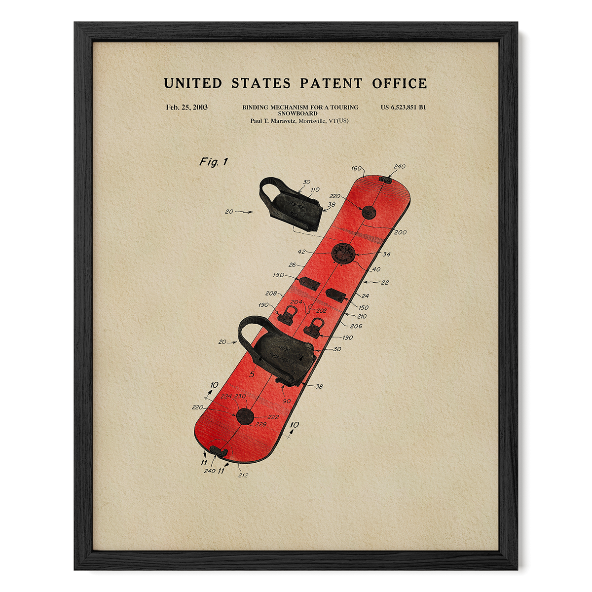 The image is a framed patent drawing depicting a red snowboard with various technical drawings and specifications.