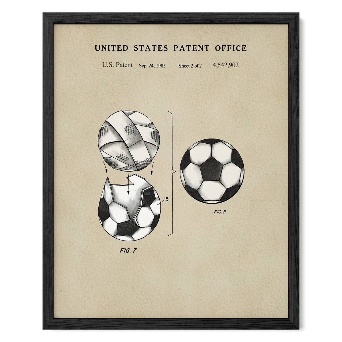 The image is a framed print of a United States patent from September 24, 1985, depicting a soccer ball with a unique design.