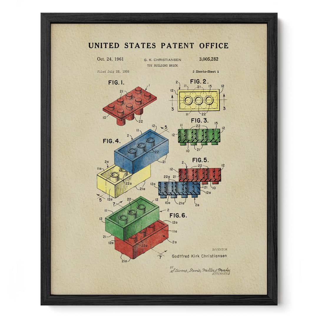 The image is a framed print of a United States patent office patent from 1961, featuring various drawings and technical specifications related to a brick building.